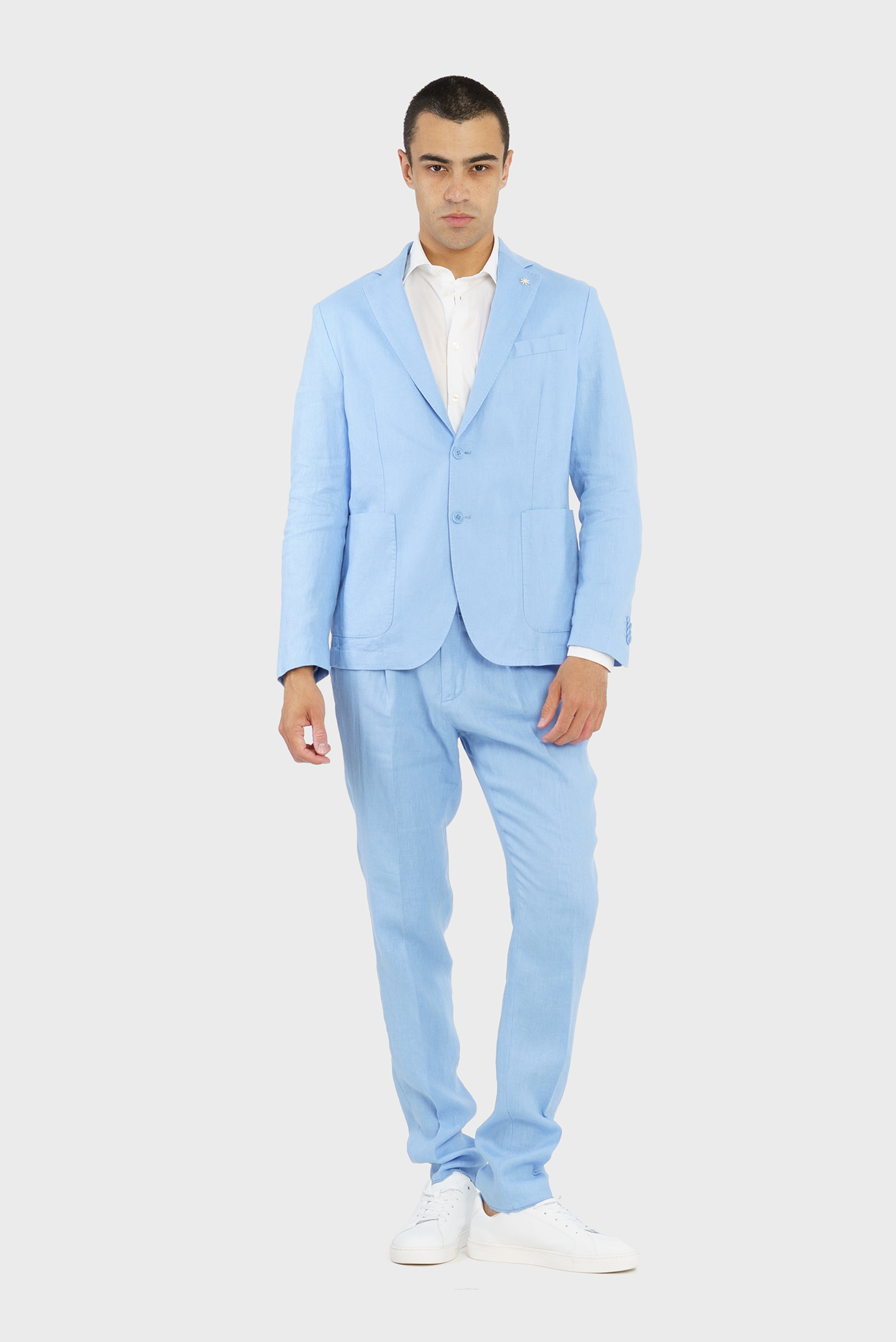 Мужской голубой льняной костюм (блейзер, брюки) 1