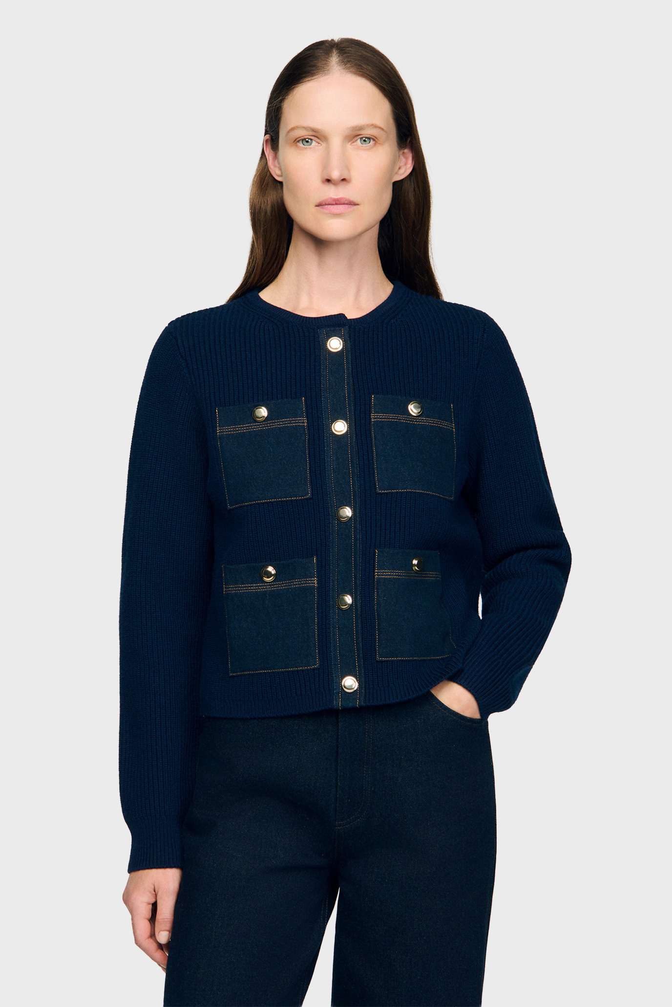 Женский темно-синий шерстяной кардиган Синий M Sandro SFPCA01303_Navy Blue Женский темно-синий шерстяной кардиган Синий M Sandro SFPCA01303_Navy Blue
