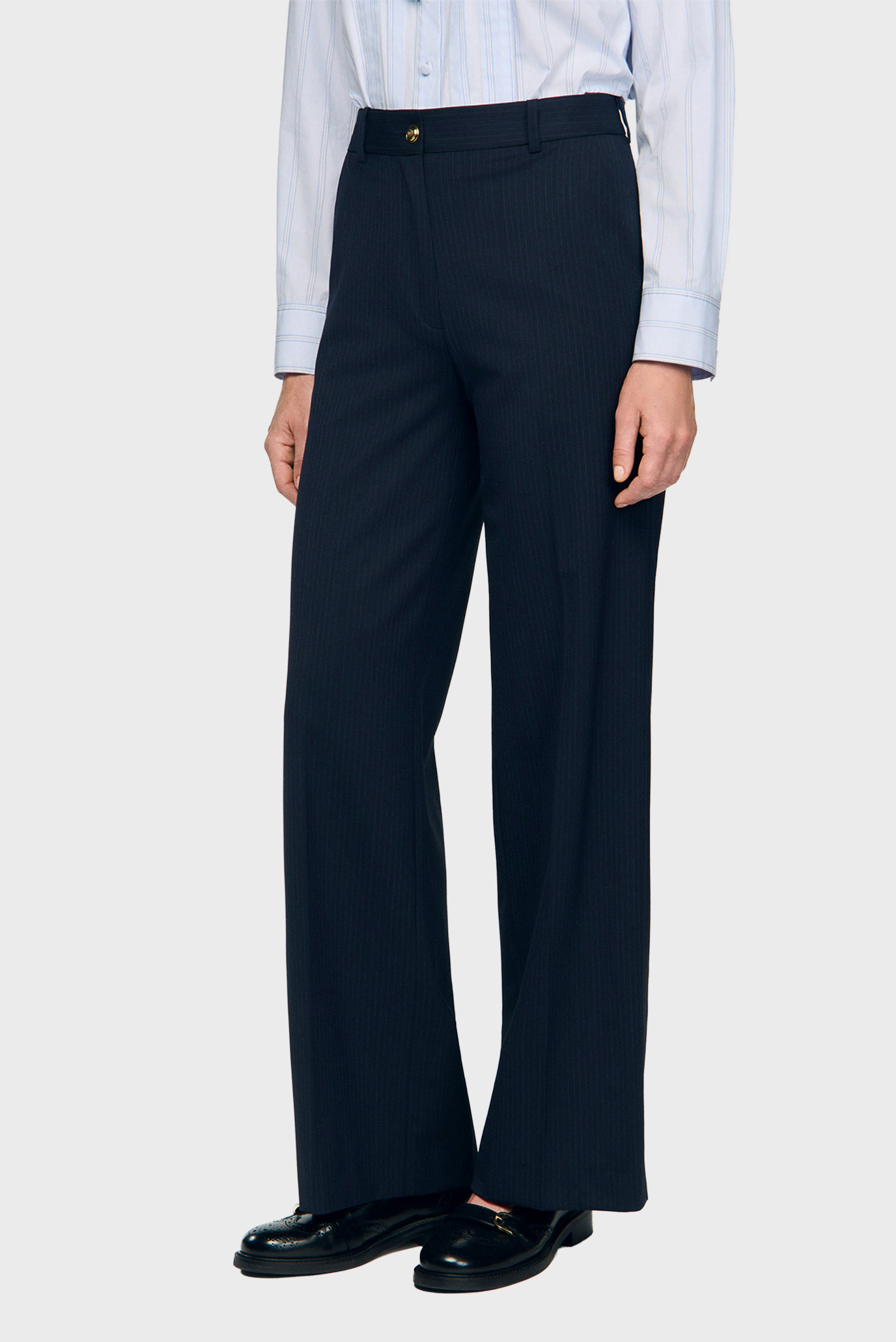 Женские темно-синие шерстяные брюки в полоску Синий 36 Sandro SFPPA01775_Navy Blue Женские темно-синие шерстяные брюки в полоску Синий 36 Sandro SFPPA01775_Navy Blue