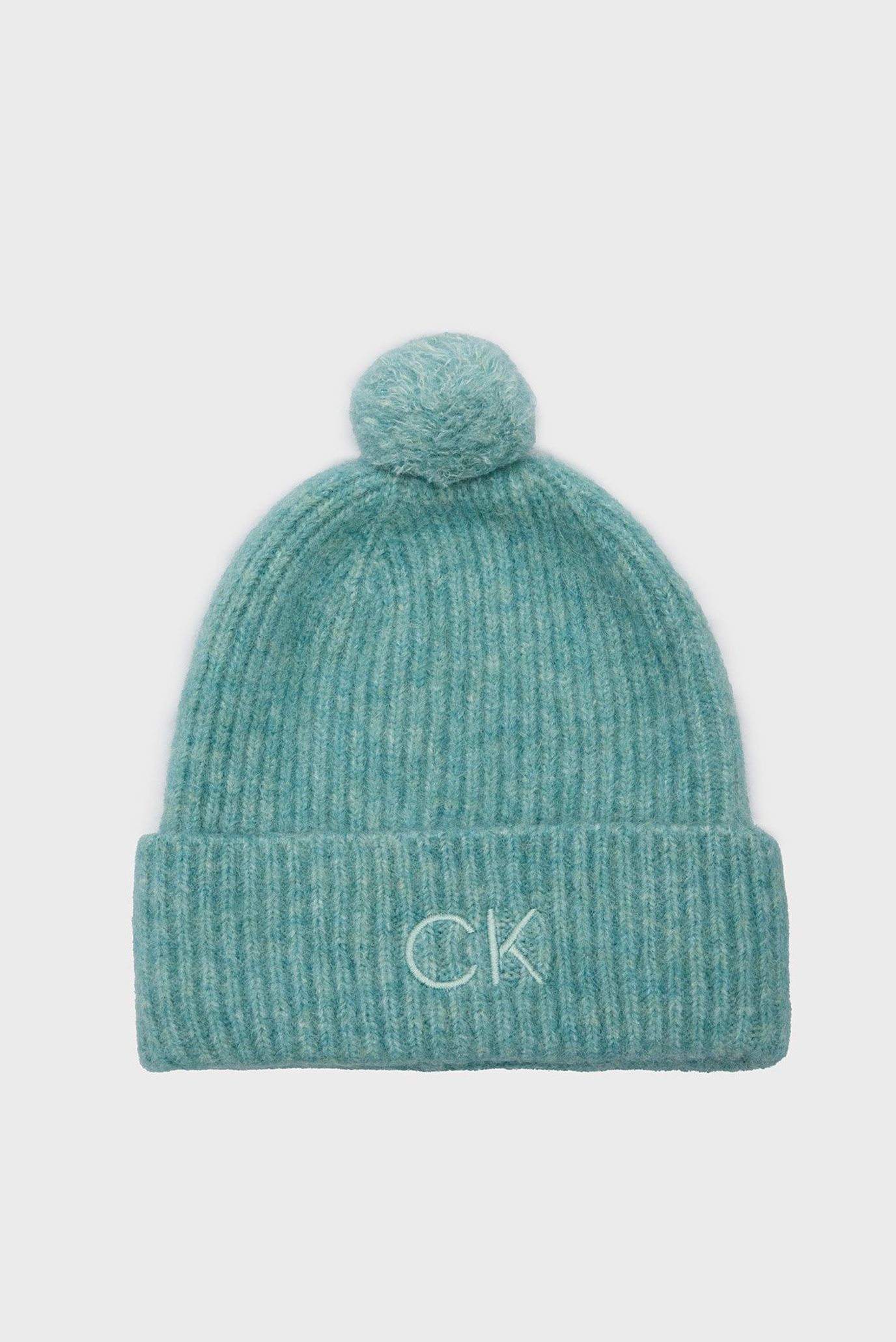 Женская бирюзовая шерстяная шапка CK EMBROIDERY AIRY POMPOM BEANIE 1