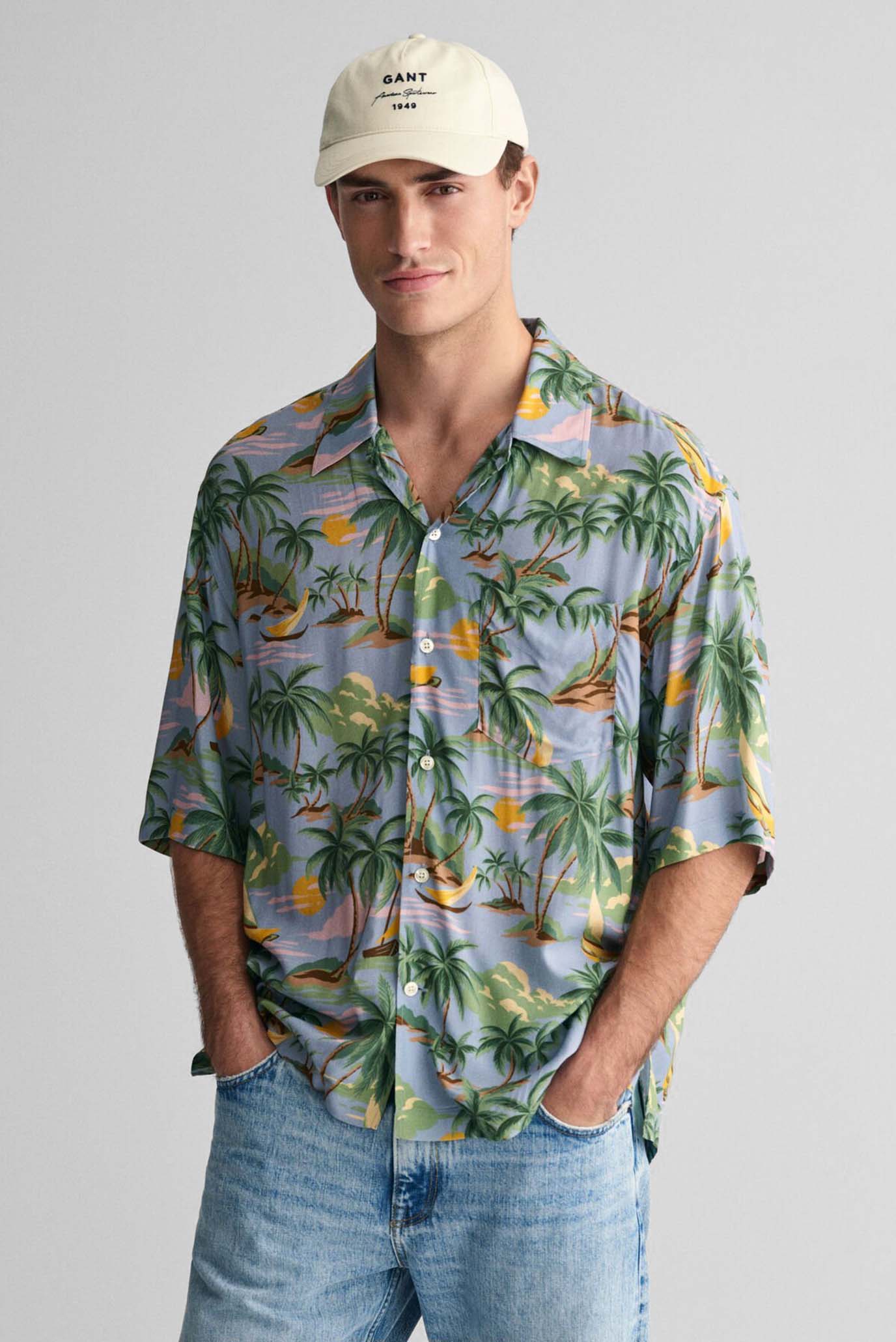 Мужская голубая рубашка с узором REL VISCOSE HAWAII PRINT SS 1