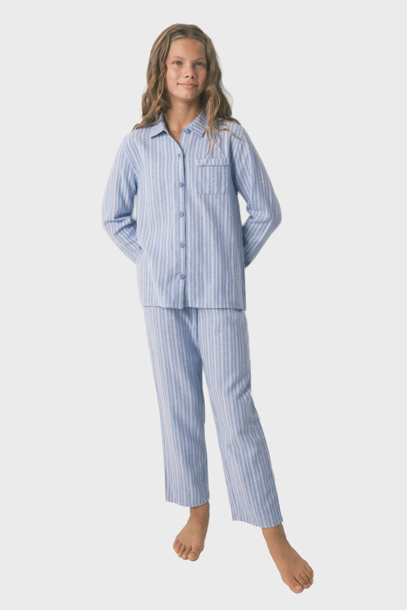 Детская голубая пижама в полоску (рубашка, брюки) 1