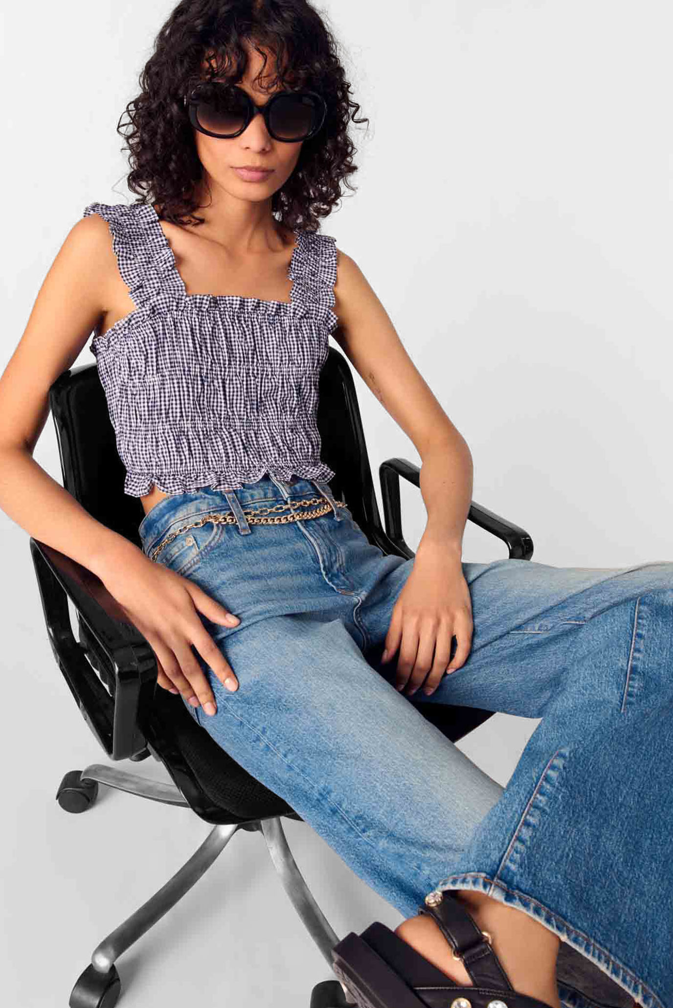 Жіночий синій картатий топ MAJE MFPTO01192_NAVY-WHITE — MD