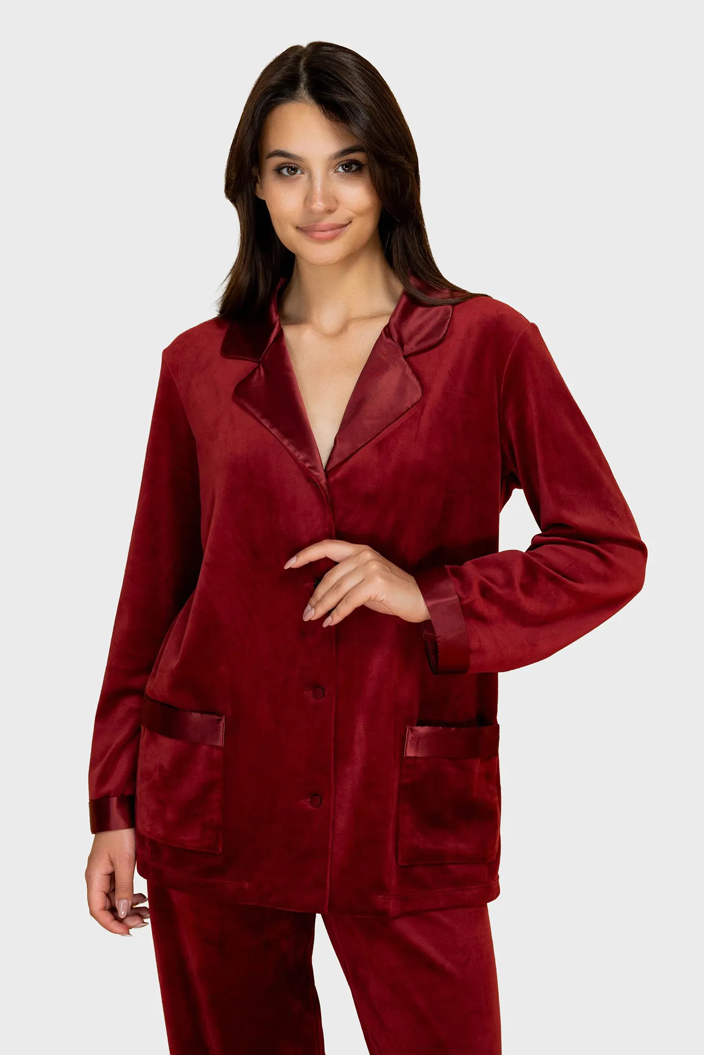 Жіночий бордовий велюровий костюм (сорочка, брюки) 3