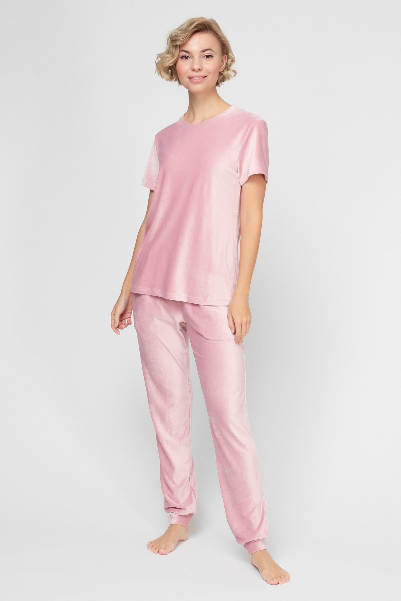 Жіночий рожевий вельветовий костюм (футболка, брюки) 1