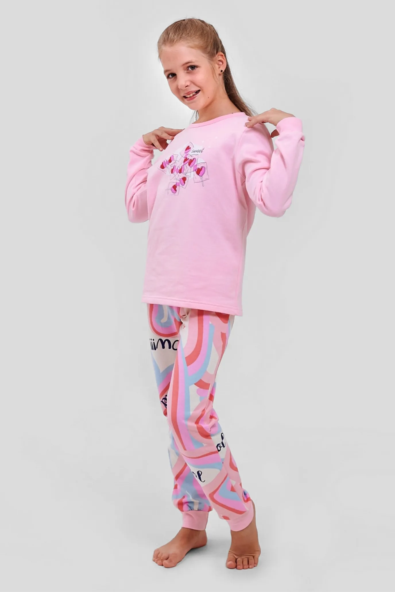 Детская розовая пижама с узором (лонгслив, брюки) 1