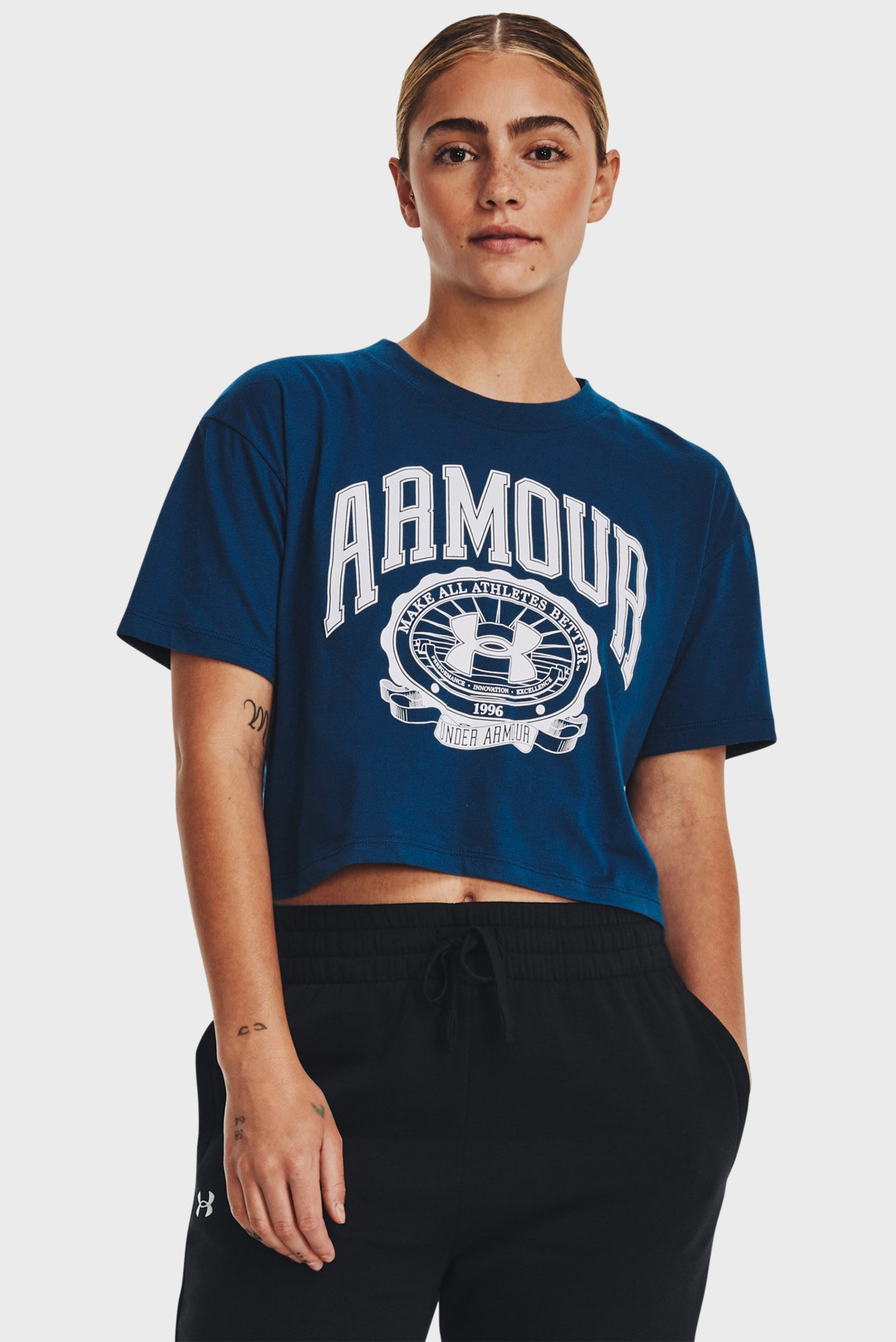 Женская синяя футболка UA COLLEGIATE CREST CROP SS 1