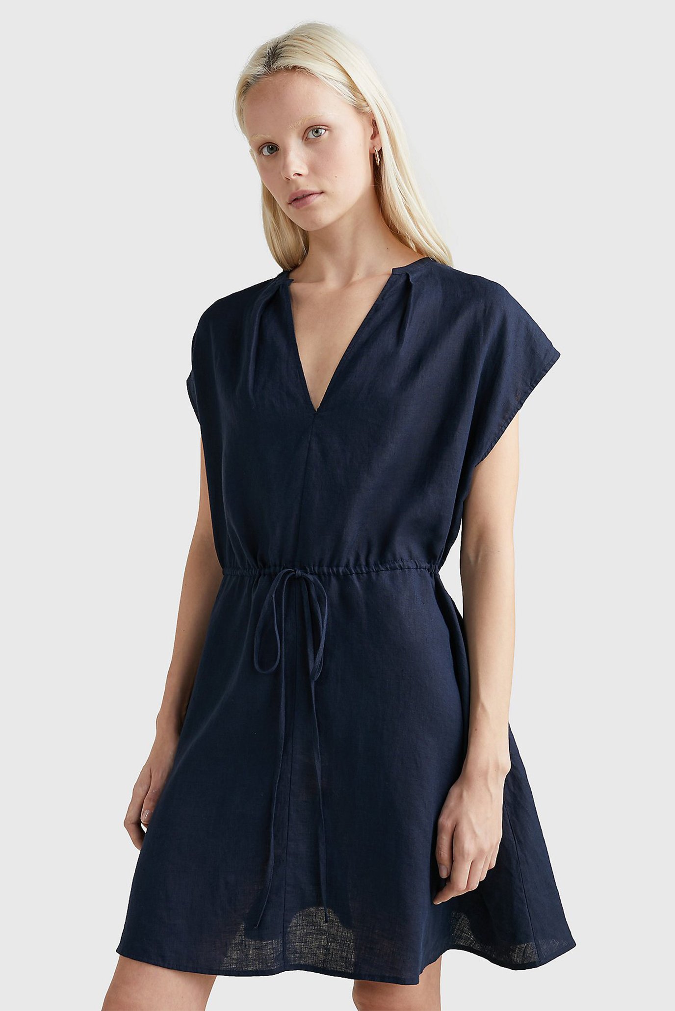 Женское темно-синее льняное платье 1
