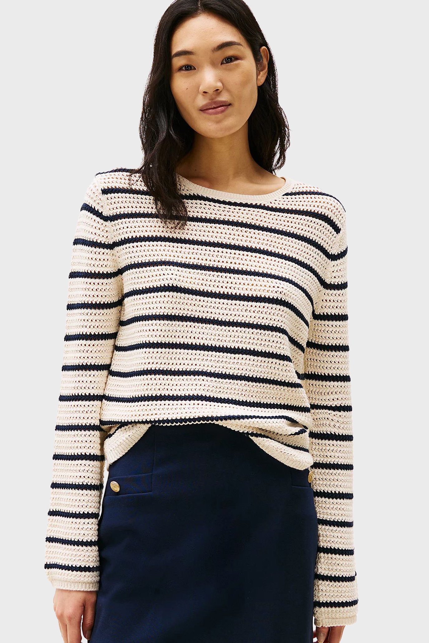 Женский белый джемпер в полоску POINTELLE CROCHET OPEN-NK Белый XS Tommy Hilfiger WW0WW45411 Женский белый джемпер в полоску POINTELLE CROCHET OPEN-NK Белый XS Tommy Hilfiger WW0WW45411