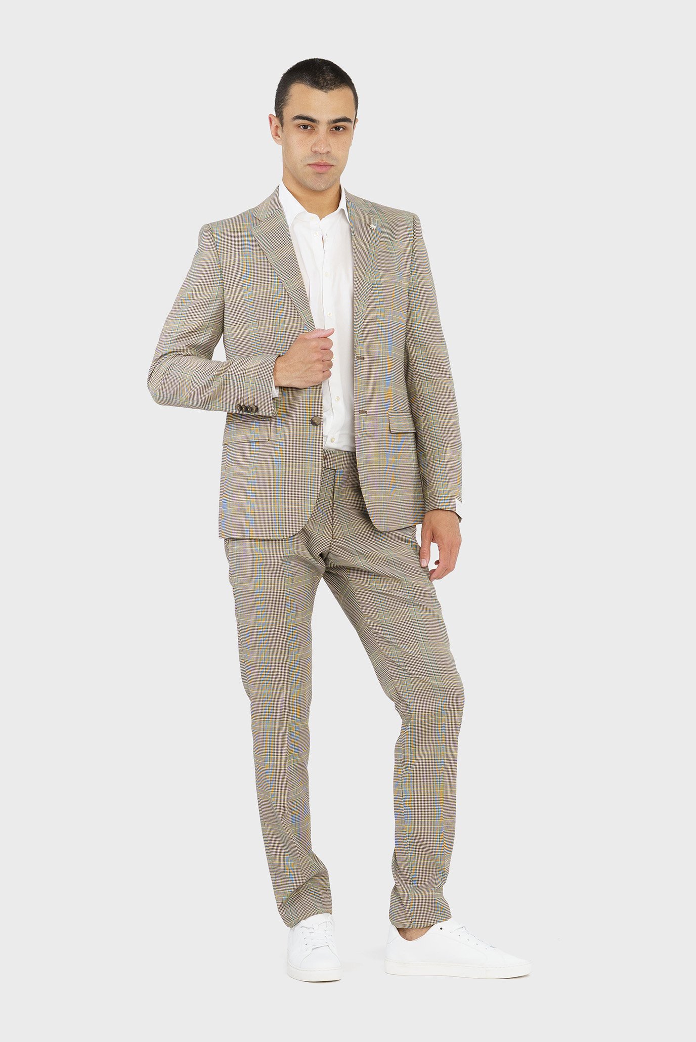 Чоловічий бежевий картатий костюм (піджак, брюки) 1