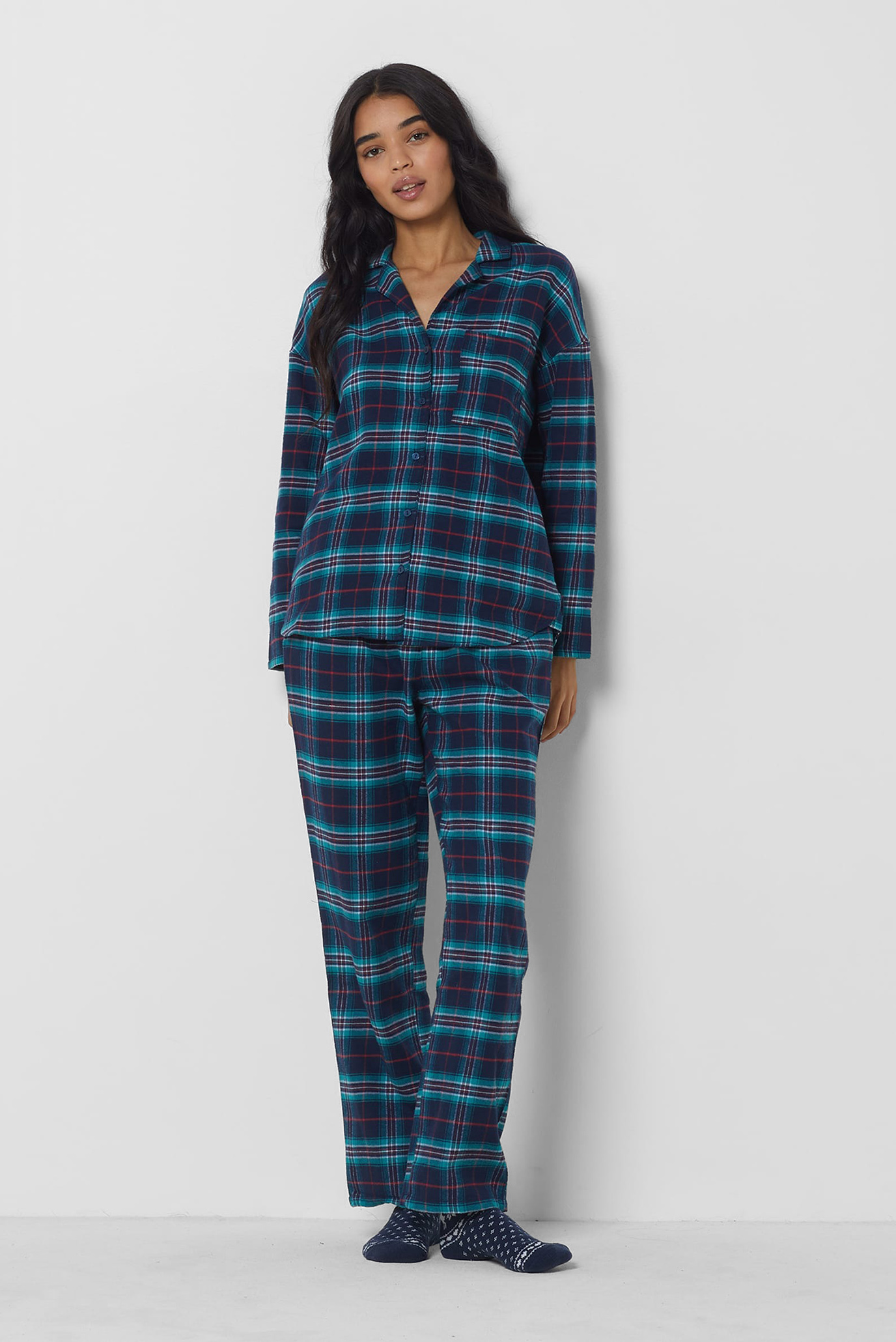 Женская темно-синяя пижама в клетку (рубашка, брюки, носки) JADDEN 1