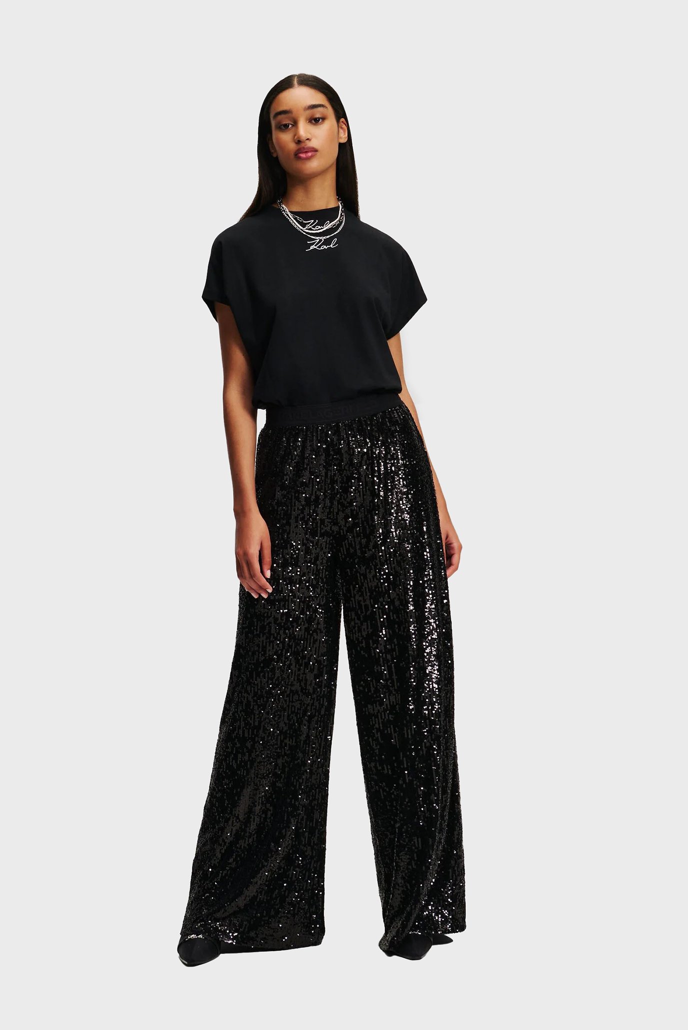 Женские черные брюки JERSEY FLUID SEQUIN PANTS 1