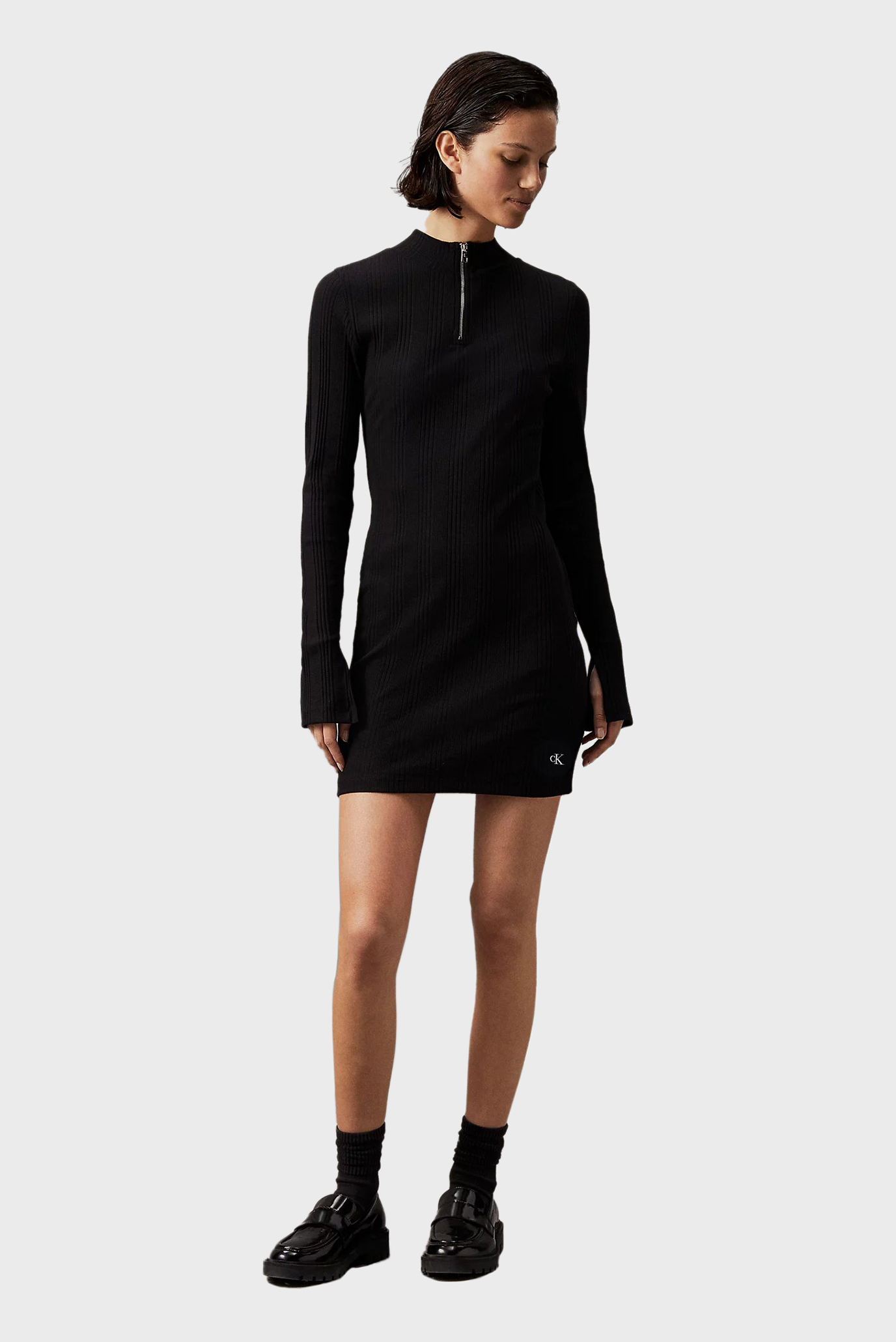 Женское черное платье VARIEGTAED RIB HALF ZIP LS DRESS 1