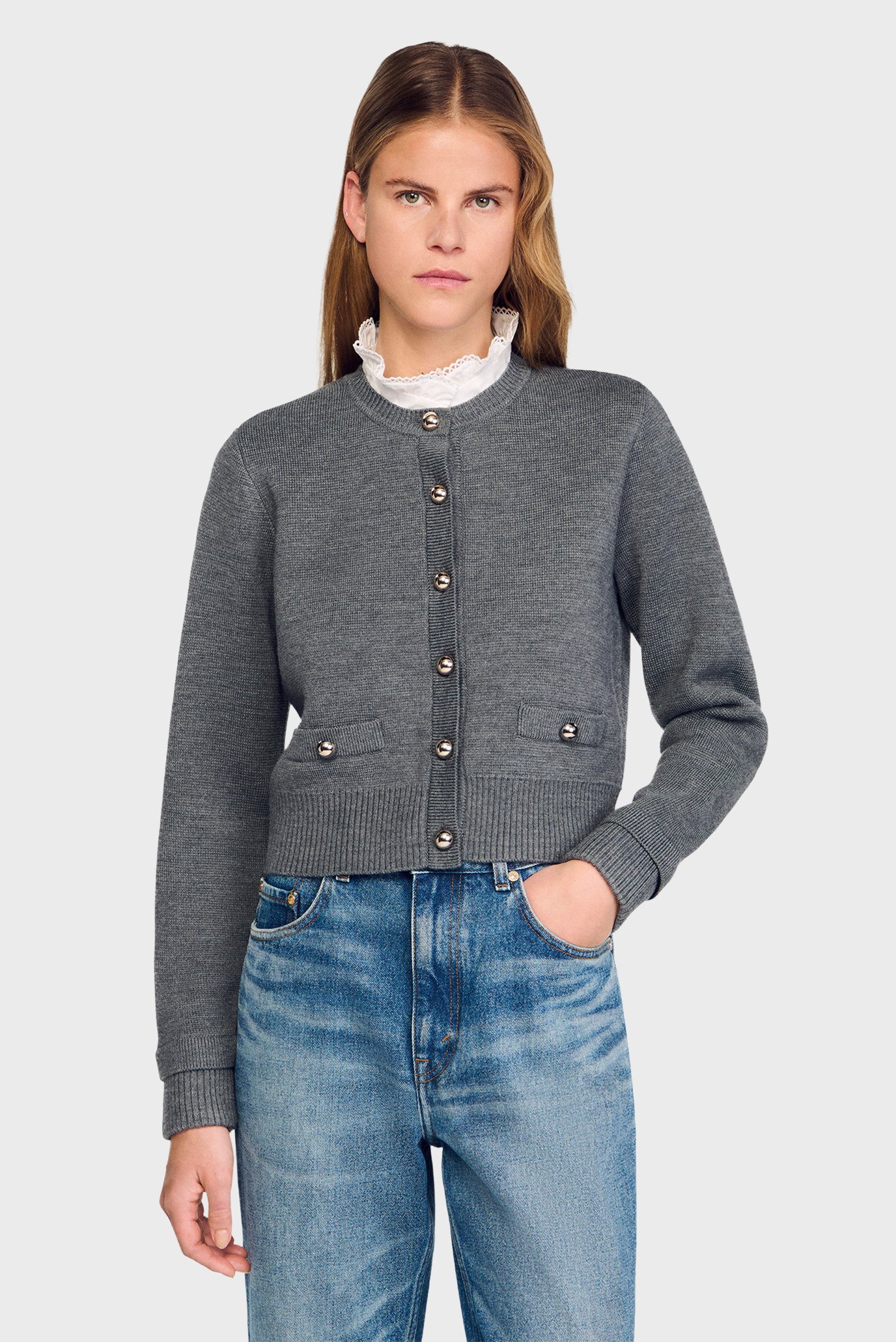 Женский серый кардиган Серый M Sandro SFPCA01272_Grey Женский серый кардиган Серый M Sandro SFPCA01272_Grey