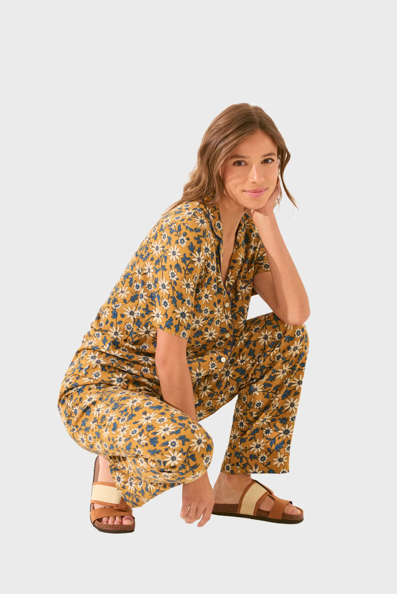 Жіноча гірчична піжама з візерунком (сорочка, брюки) 5