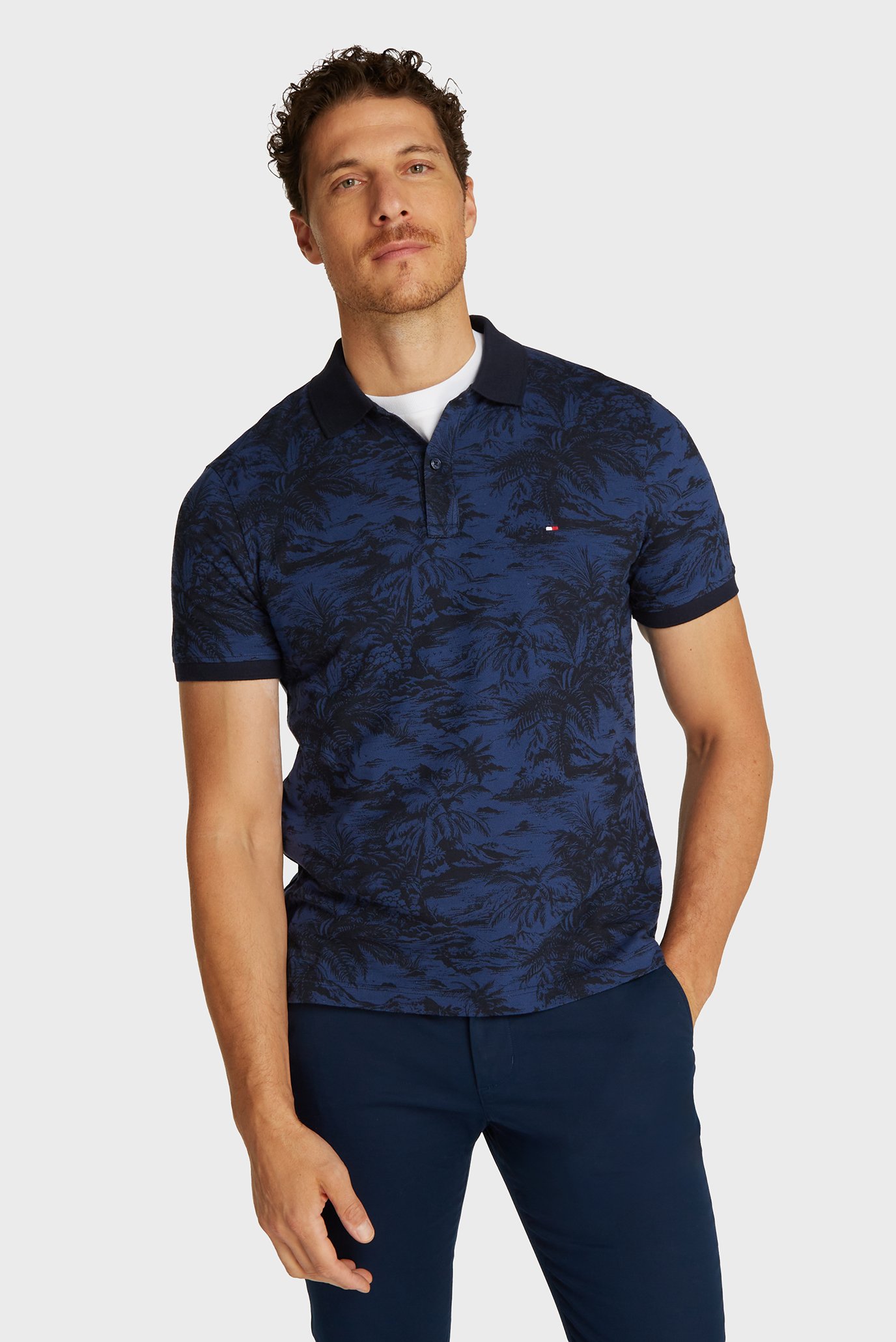 Мужское темно-синее поло с узором ALL OVER PRINT LINEN Синий XXL Tommy Hilfiger MW0MW38475 Мужское темно-синее поло с узором ALL OVER PRINT LINEN Синий XXL Tommy Hilfiger MW0MW38475