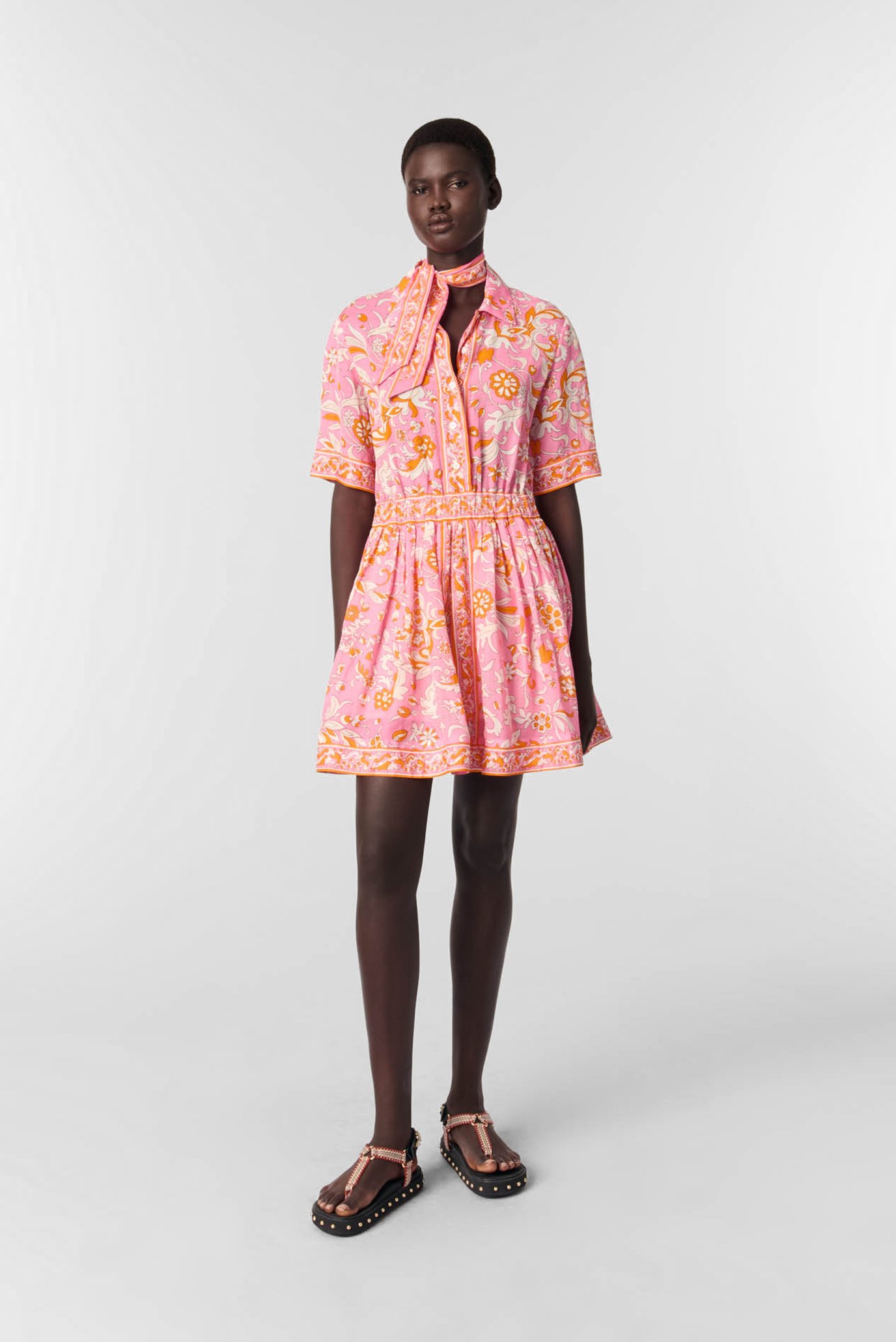 Женское розовое платье с узором Розовый 38 MAJE MFPRO04161_Orange Pink flowers print Женское розовое платье с узором Розовый 38 MAJE MFPRO04161_Orange Pink flowers print