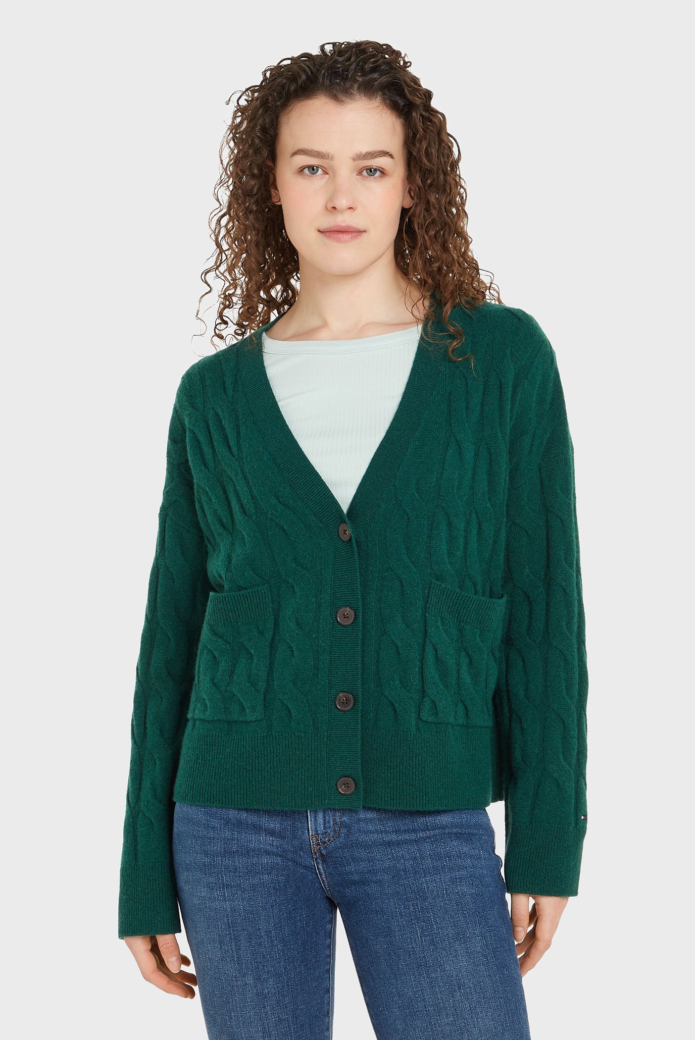 Женский зеленый шерстяной кардиган SOFT WOOL CABLE CARDIGAN Зеленый S Tommy Hilfiger WW0WW43089 Женский зеленый шерстяной кардиган SOFT WOOL CABLE CARDIGAN Зеленый S Tommy Hilfiger WW0WW43089
