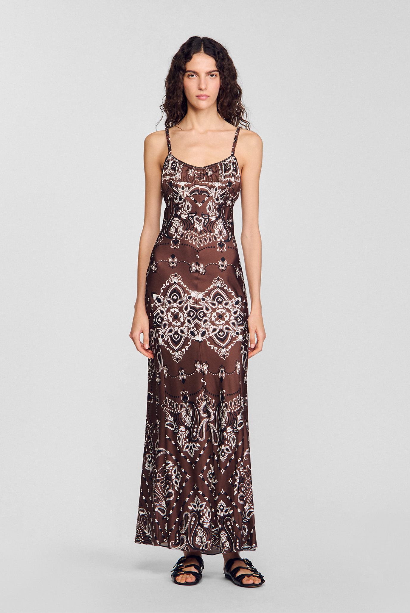 Женский коричневый сарафан с узором Коричневый 36 Sandro SFPRO04198_Brown - Black Женский коричневый сарафан с узором Коричневый 36 Sandro SFPRO04198_Brown - Black