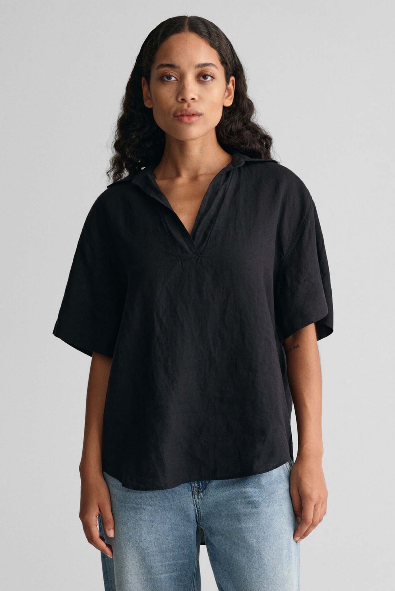 Жіноча чорна лляна блуза REL LINEN POPOVER SS 1