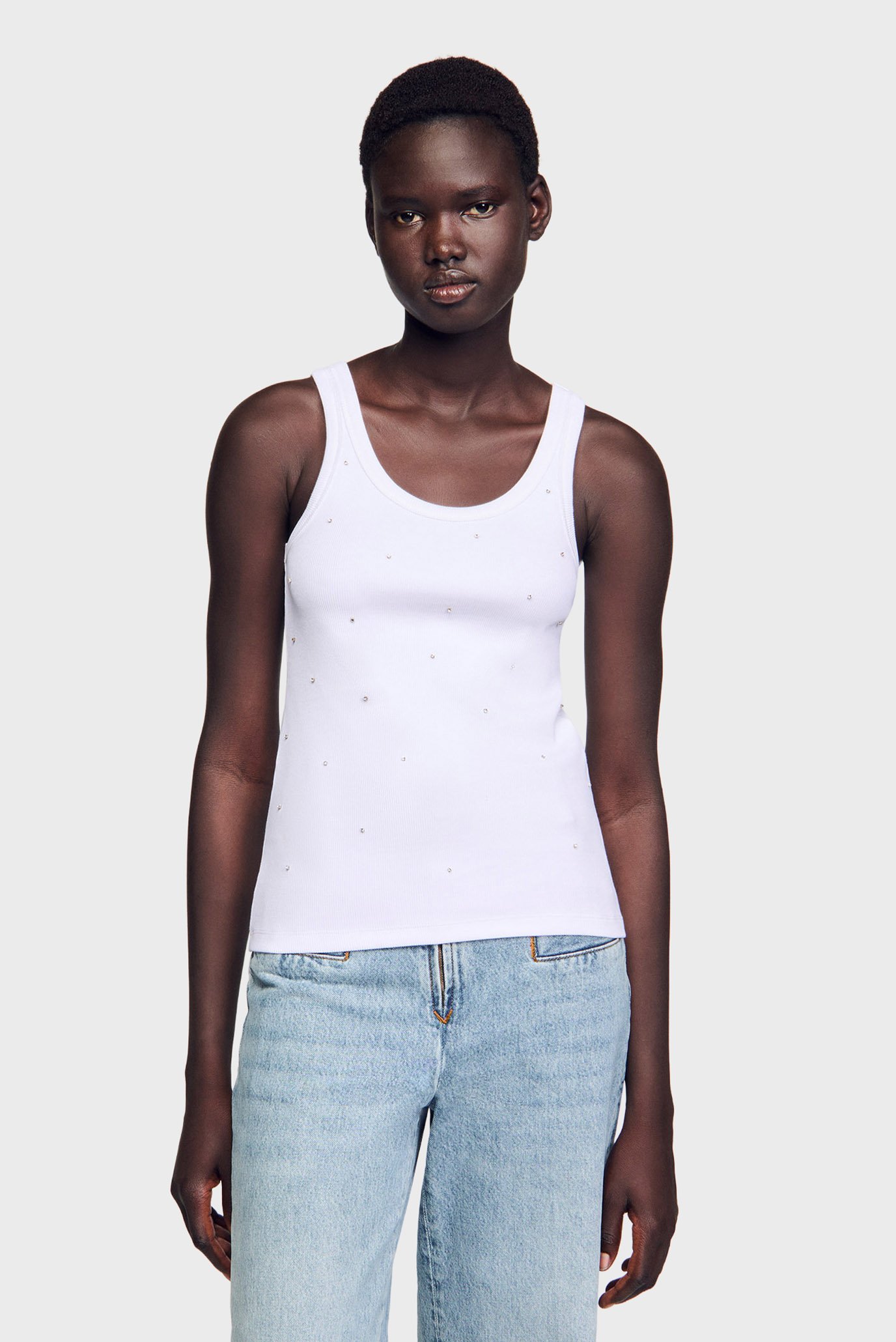 Женская белая майка Белый S Sandro SFPTS01525_whiteFW25 Женская белая майка Белый S Sandro SFPTS01525_whiteFW25