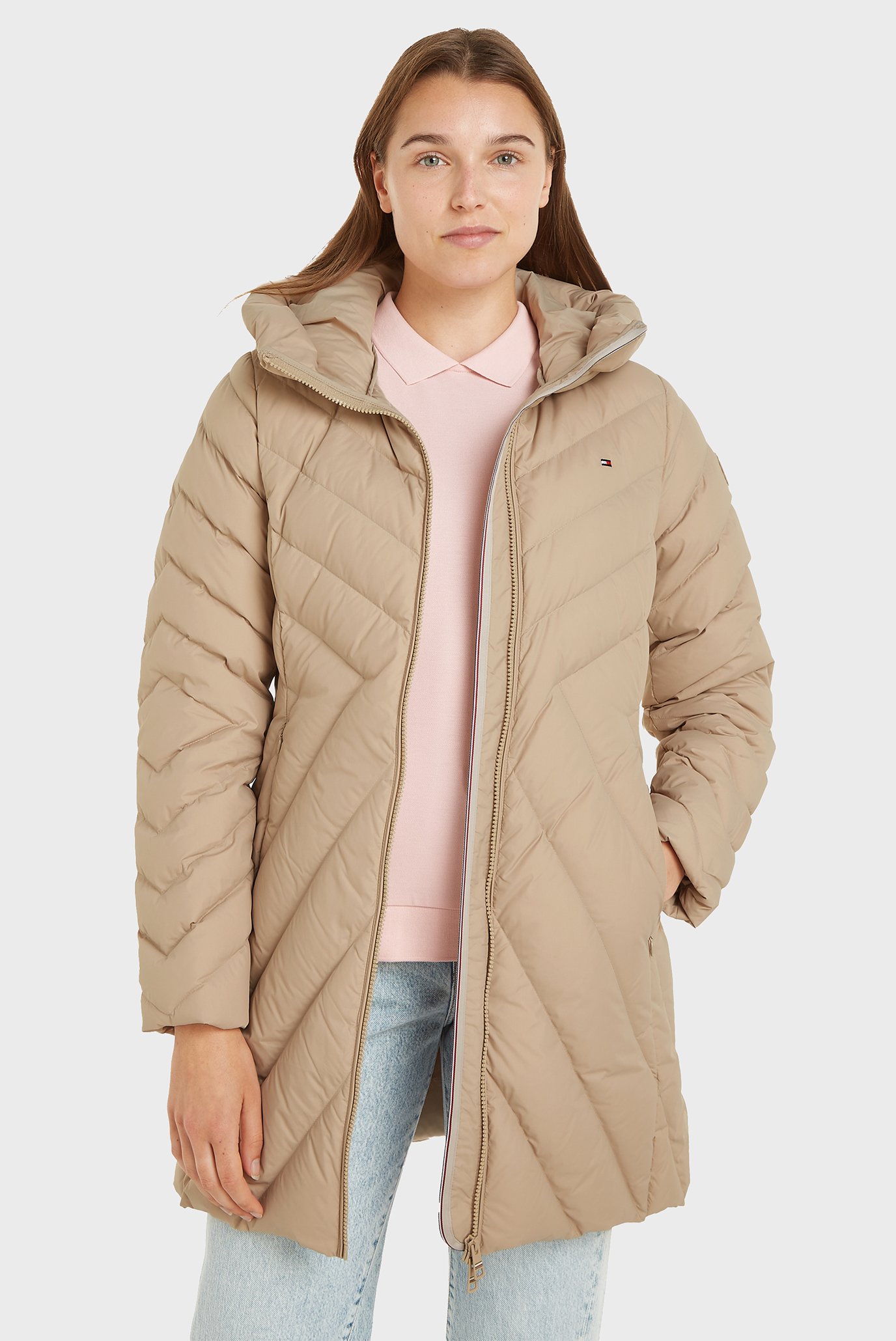 Женский бежевый пуховик CHEVRON MW DOWN COAT Бежевый XS Tommy Hilfiger WW0WW42622