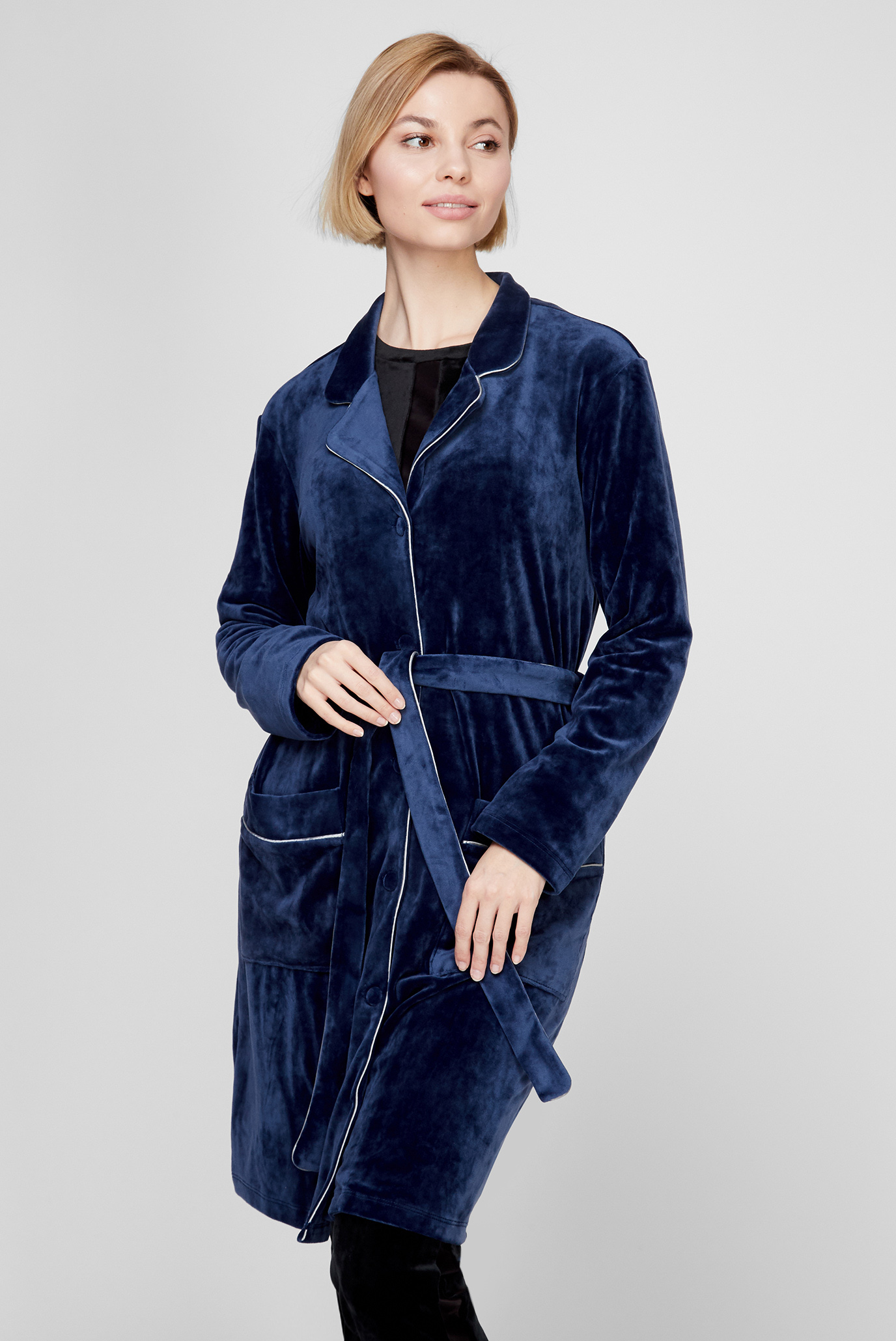 Жіночий темно-синій велюровий халат 1