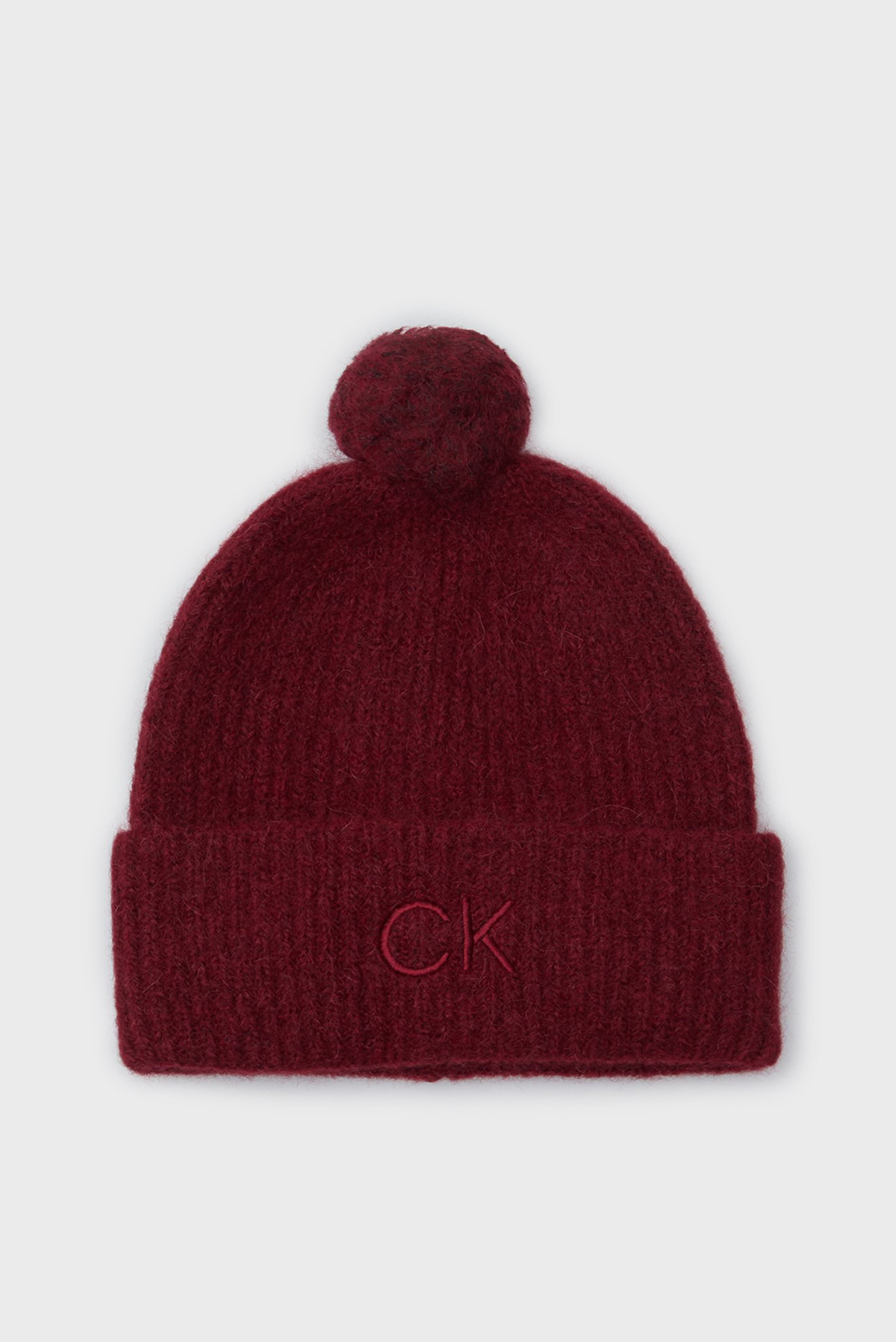 Женская бордовая шерстяная шапка CK EMBROIDERY AIRY POMPOM BEANIE 1