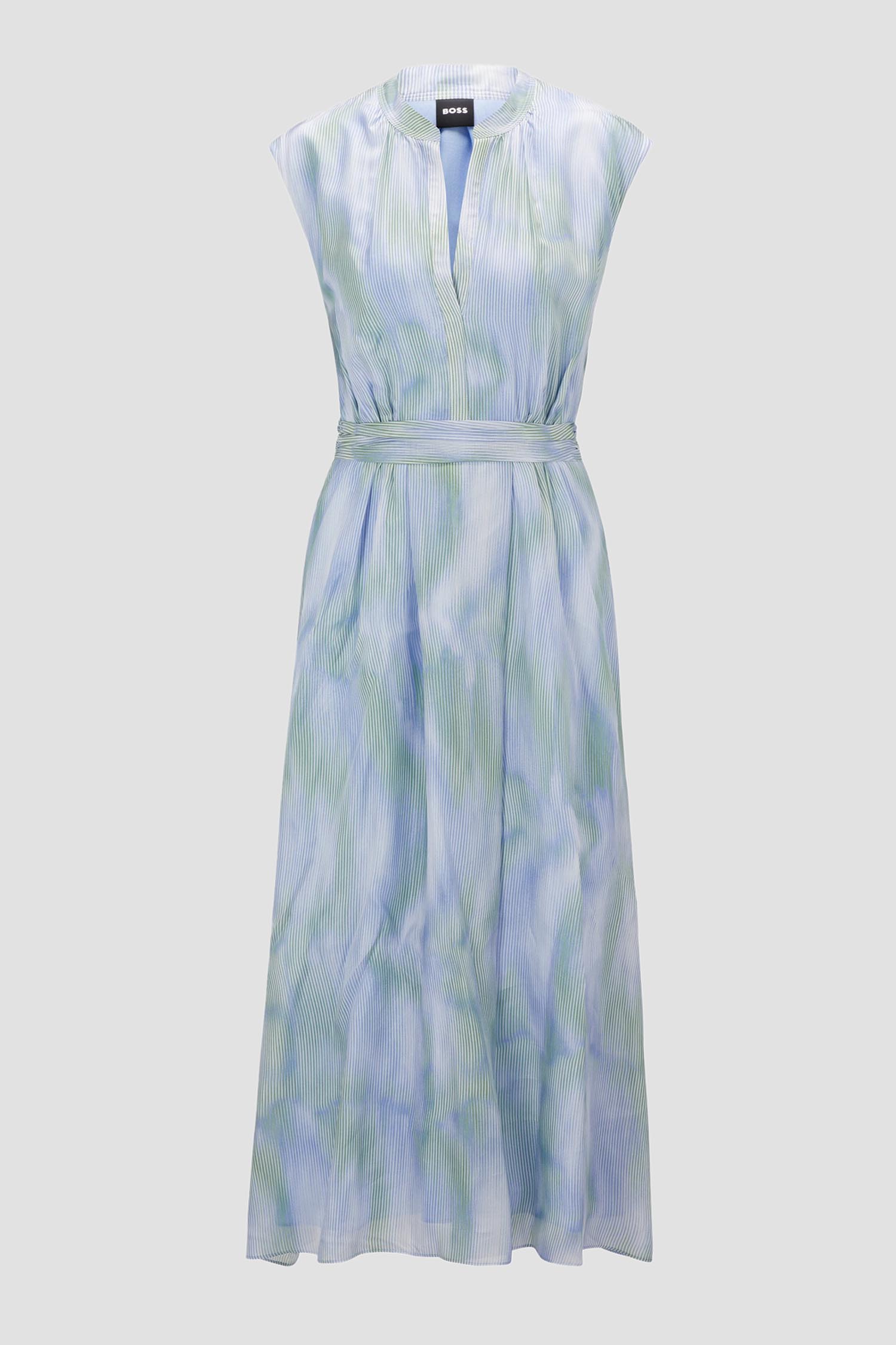 Женское голубое шелковое платье в полоску 1