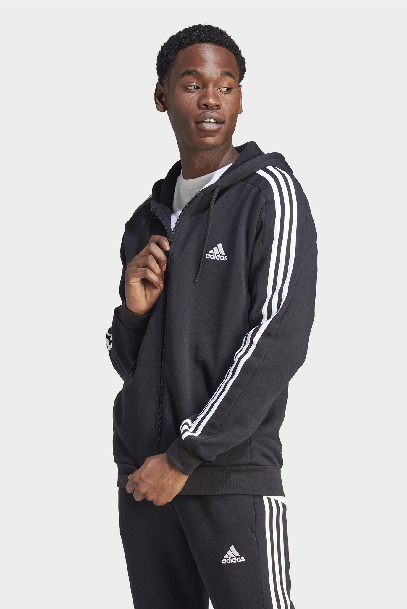 Мужское черное худи Essentials Fleece 3-Stripes Full-Zip 1