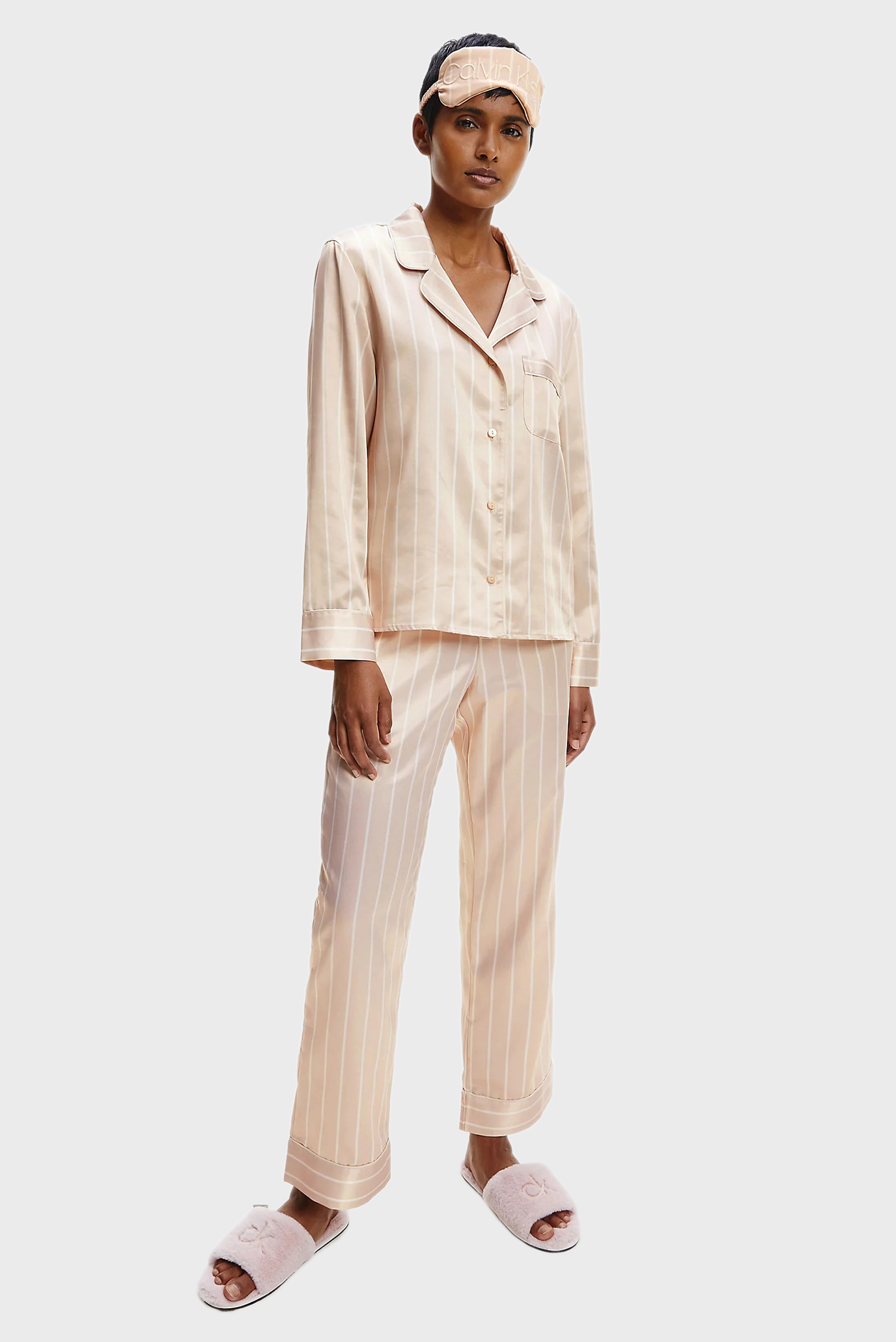 Женская бежевая пижама в полоску (рубашка, брюки, маска для сна) PANT SET 1