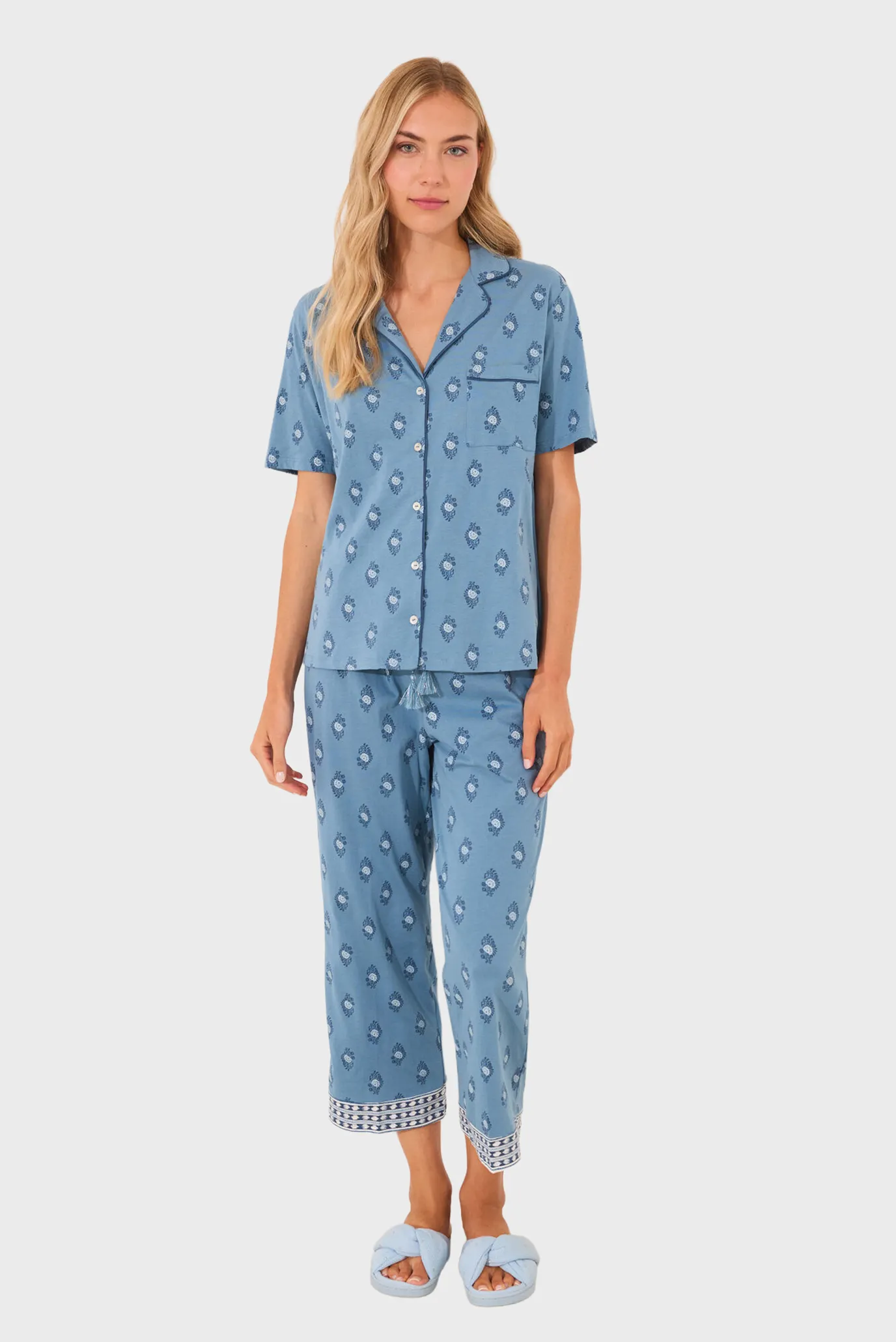 Жіноча синя піжама з візерунком (сорочка, брюки) 1