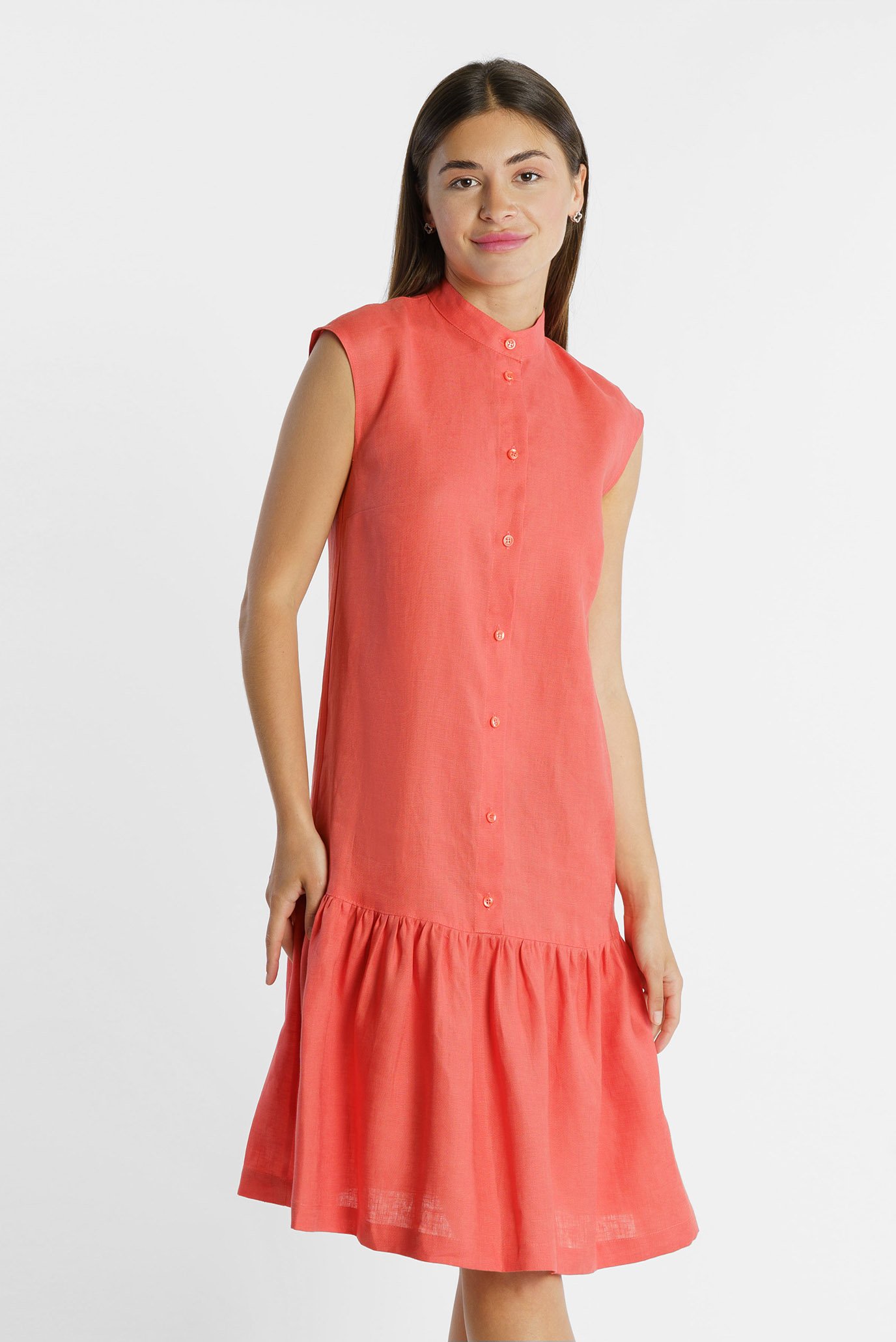 Женское коралловое льняное платье 1