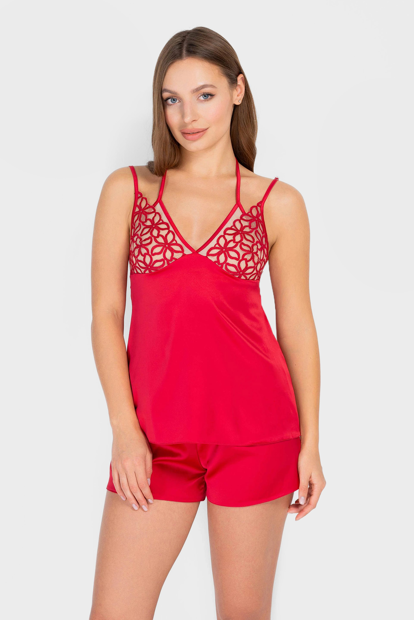 Женская красная пижама (топ, шорты) 1