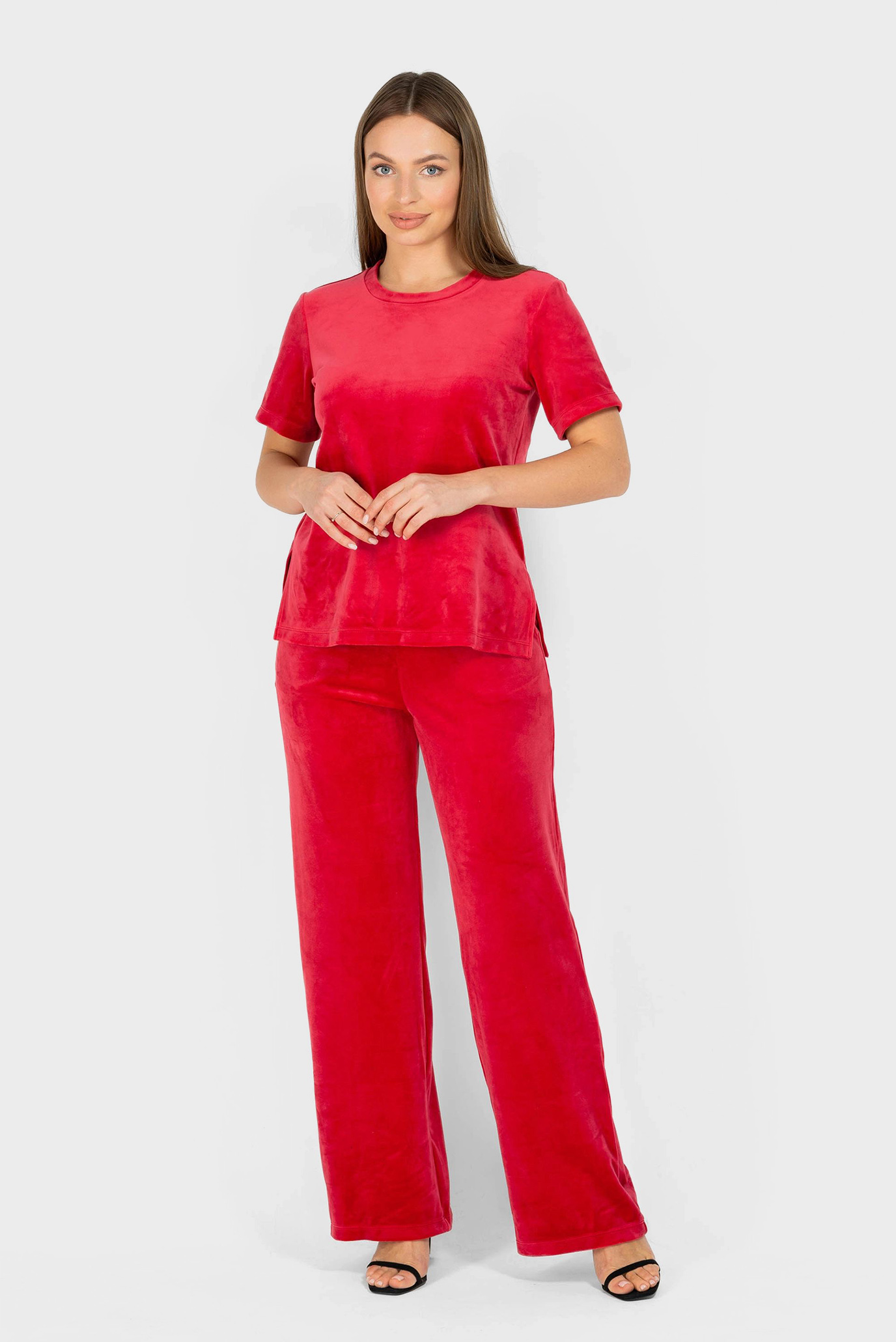 Женский красный велюровый комплект одежды (топ, брюки) 1