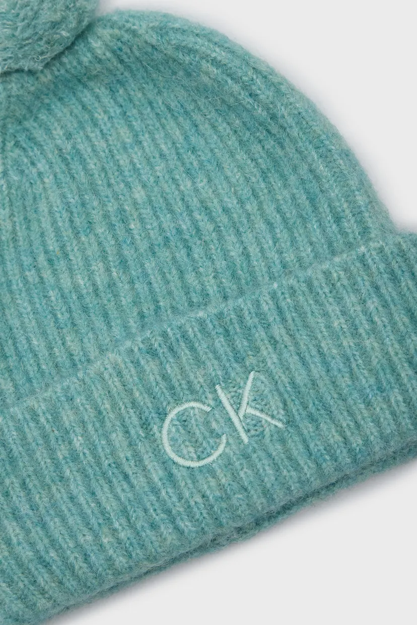 Жіноча бірюзова вовняна шапка CK EMBROIDERY AIRY POMPOM BEANIE 4