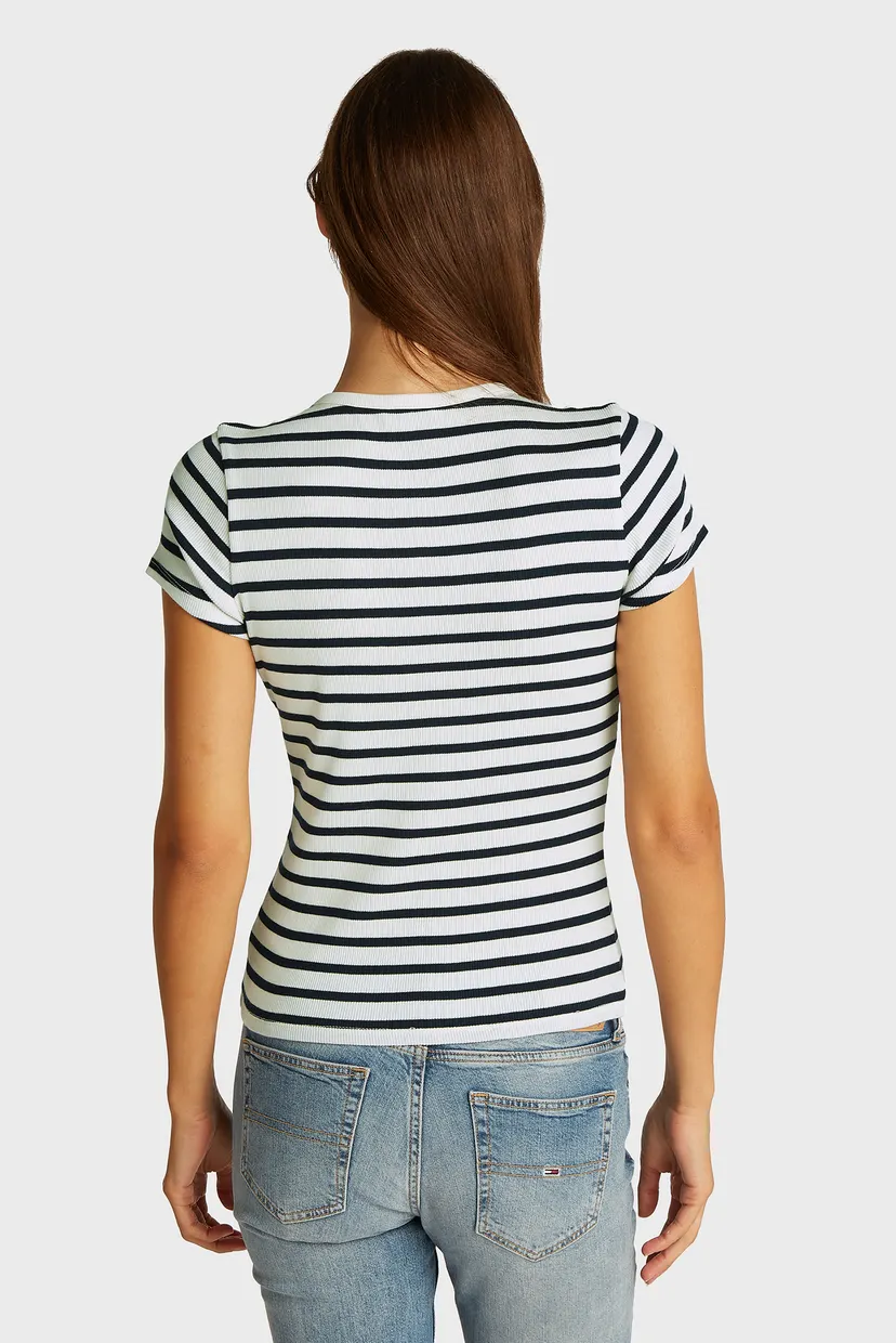 Жіноча біла футболка у смужку TJW SLIM BUTTON RIB C-NECK SS 3