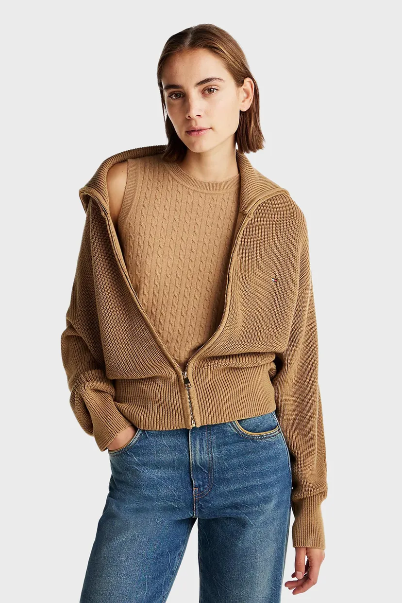 冨美 Женский бежевый кардиган CO CARDI STITCH FULL ZIP LS SWT Tommy