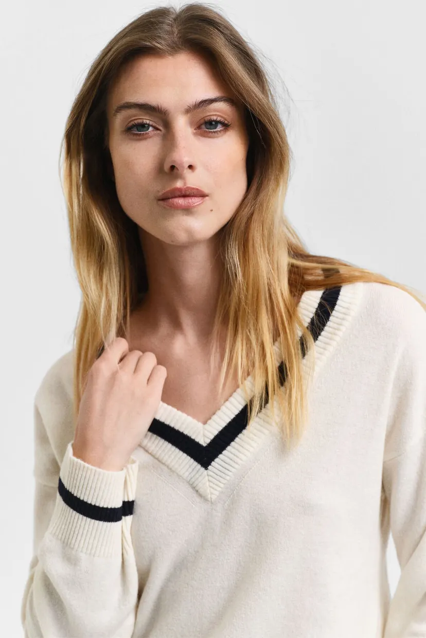 Женский белый шерстяной пуловер SUPERFINE LAMBSWOOL CONT V-NECK 4