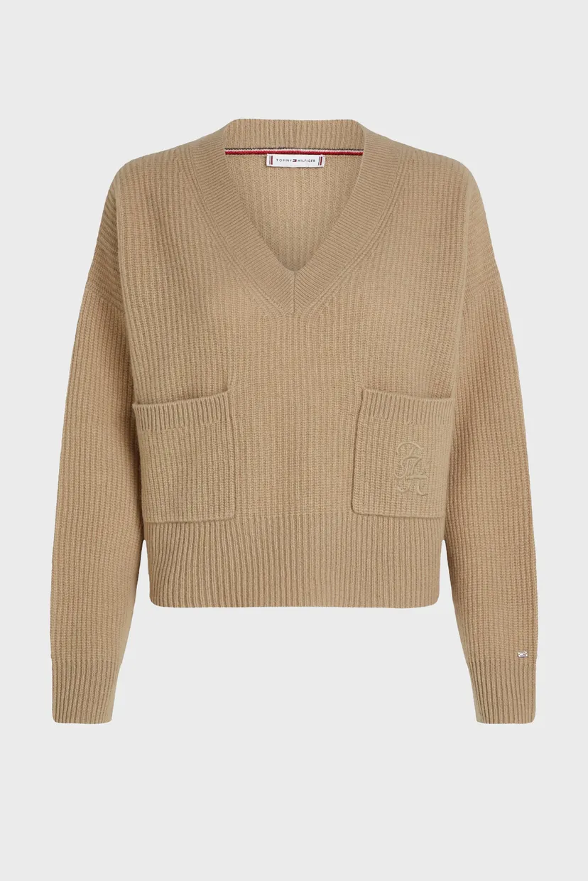 Жіночий бежевий вовняний пуловер TH SCRIPT SOFT WOOL V-NK SWT 4