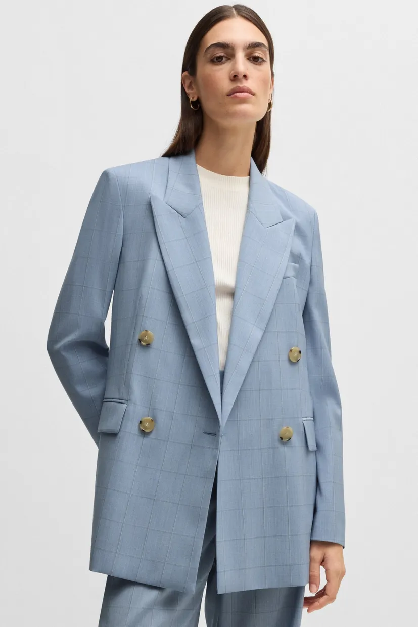 Женский голубой шерстяной жакет в клетку 3