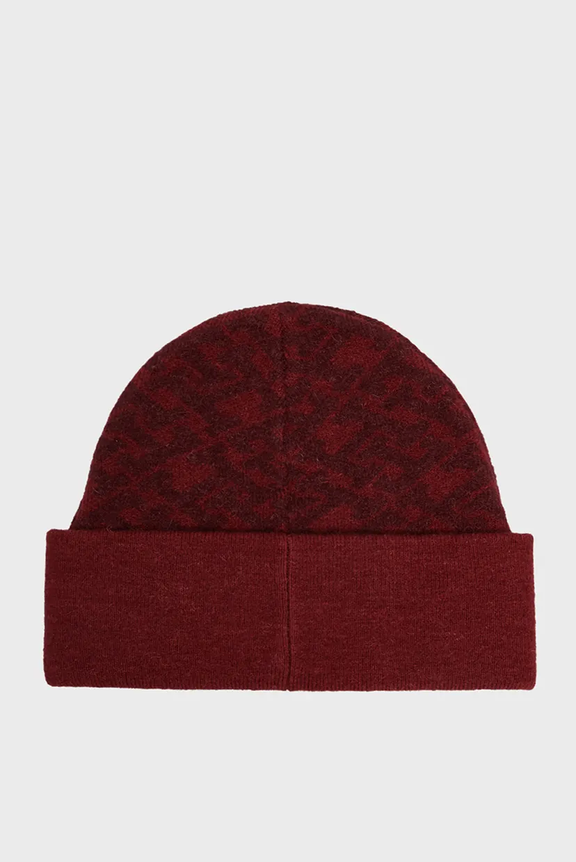 Женская бордовая шапка с узором MONOGRAM ALL OVER BEANIE 3