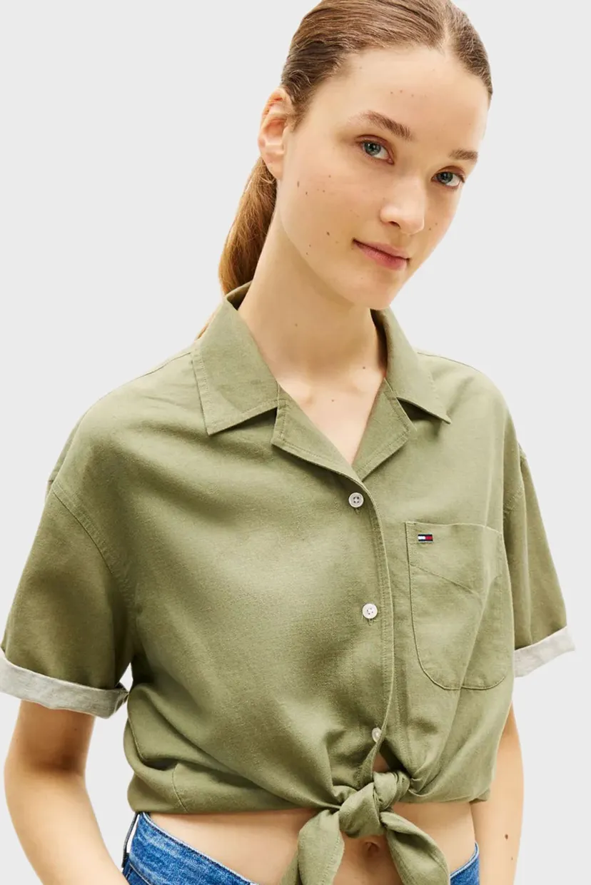 Женская оливковая льняная рубашка TIE FRONT 4