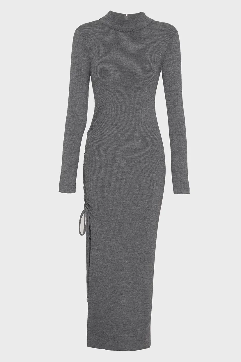 Женское серое шерстяное платье MERINO RUCHED MIDI DRESS 4