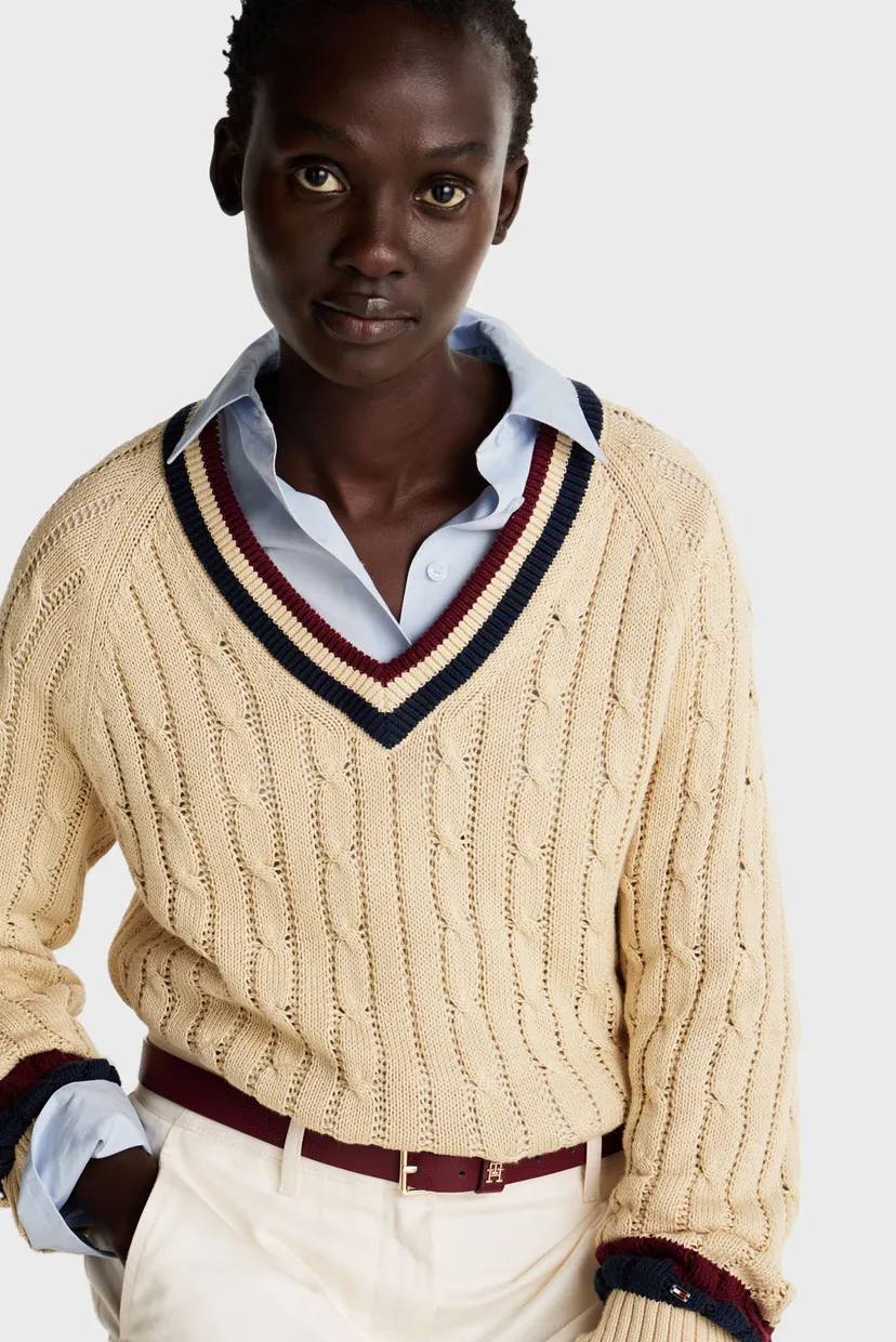 Женский бежевый пуловер VARSITY CABLE V-NK SWEATER LS 4