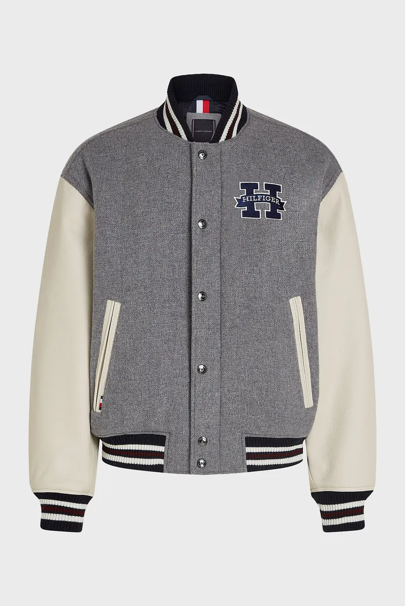 Чоловічий сірий вовняний бомбер LEATHER VARSITY JACKET 5