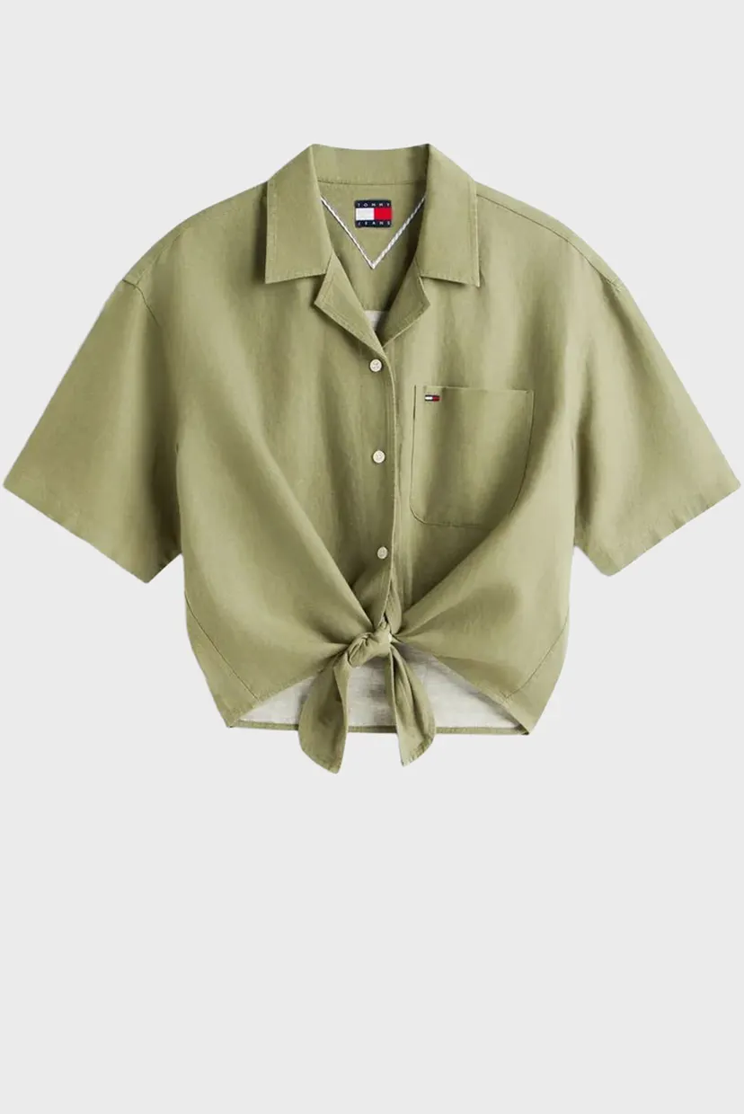 Женская оливковая льняная рубашка TIE FRONT 5