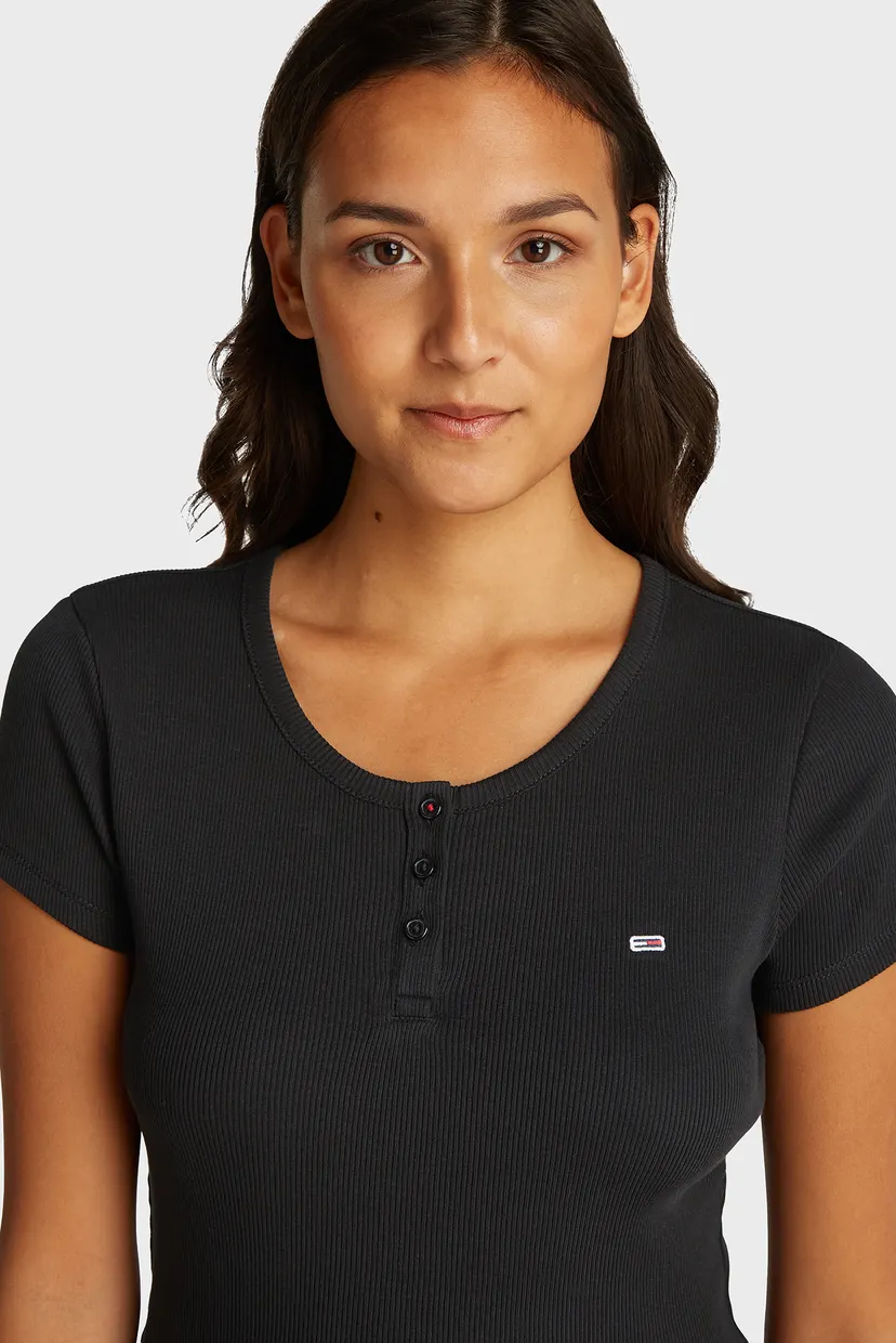Жіноча чорна футболка TJW SLIM BUTTON RIB C-NECK SS 4