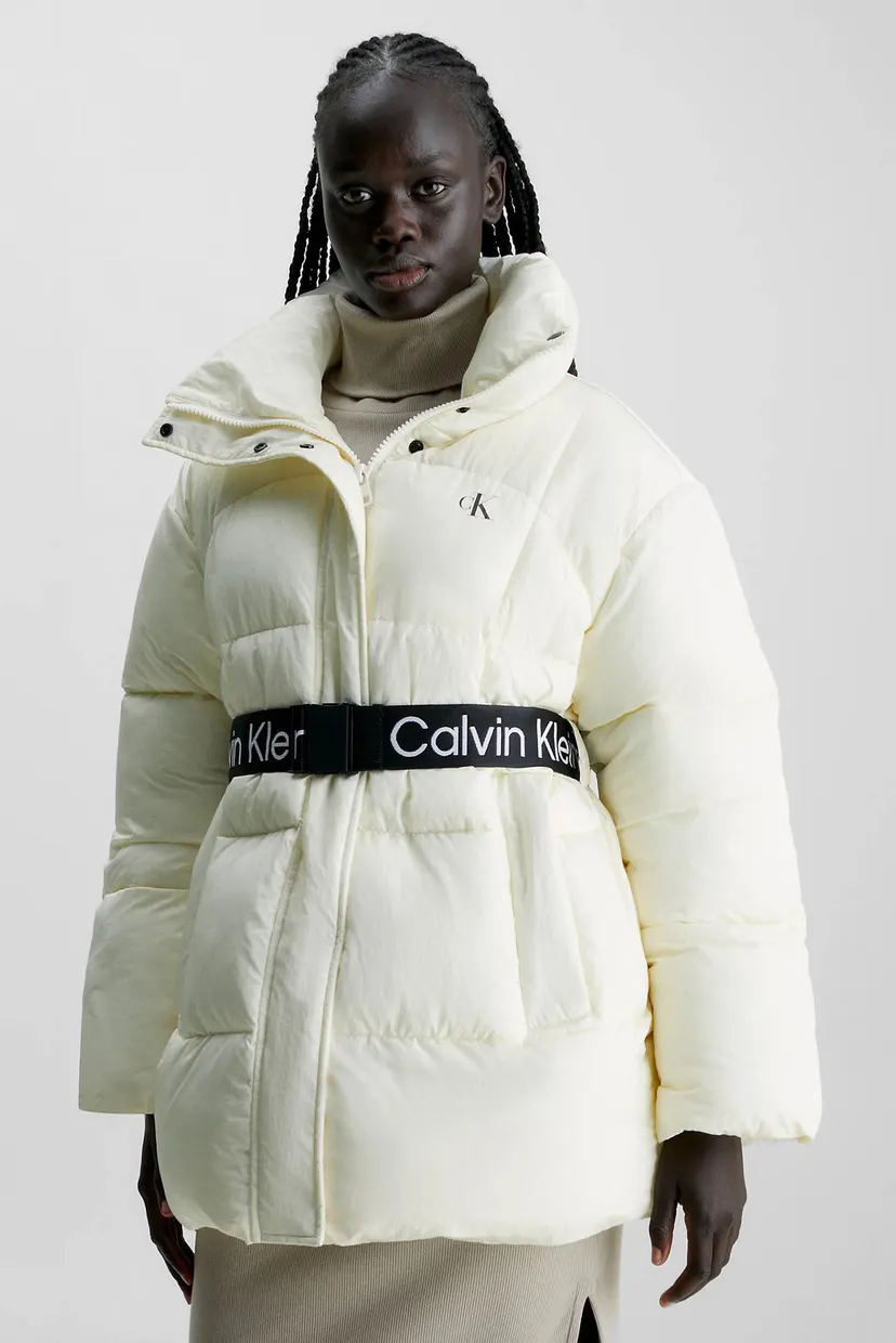 yumi 　k3067　コーチ/M/桃色×エンジ×白/ナイロンジャケット Женская белая куртка BELTED LONG PUFFER Calvin Klein Jeans