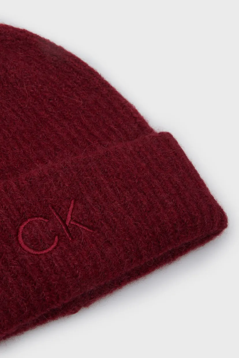 Жіноча бордова вовняна шапка CK EMBROIDERY AIRY POMPOM BEANIE 3